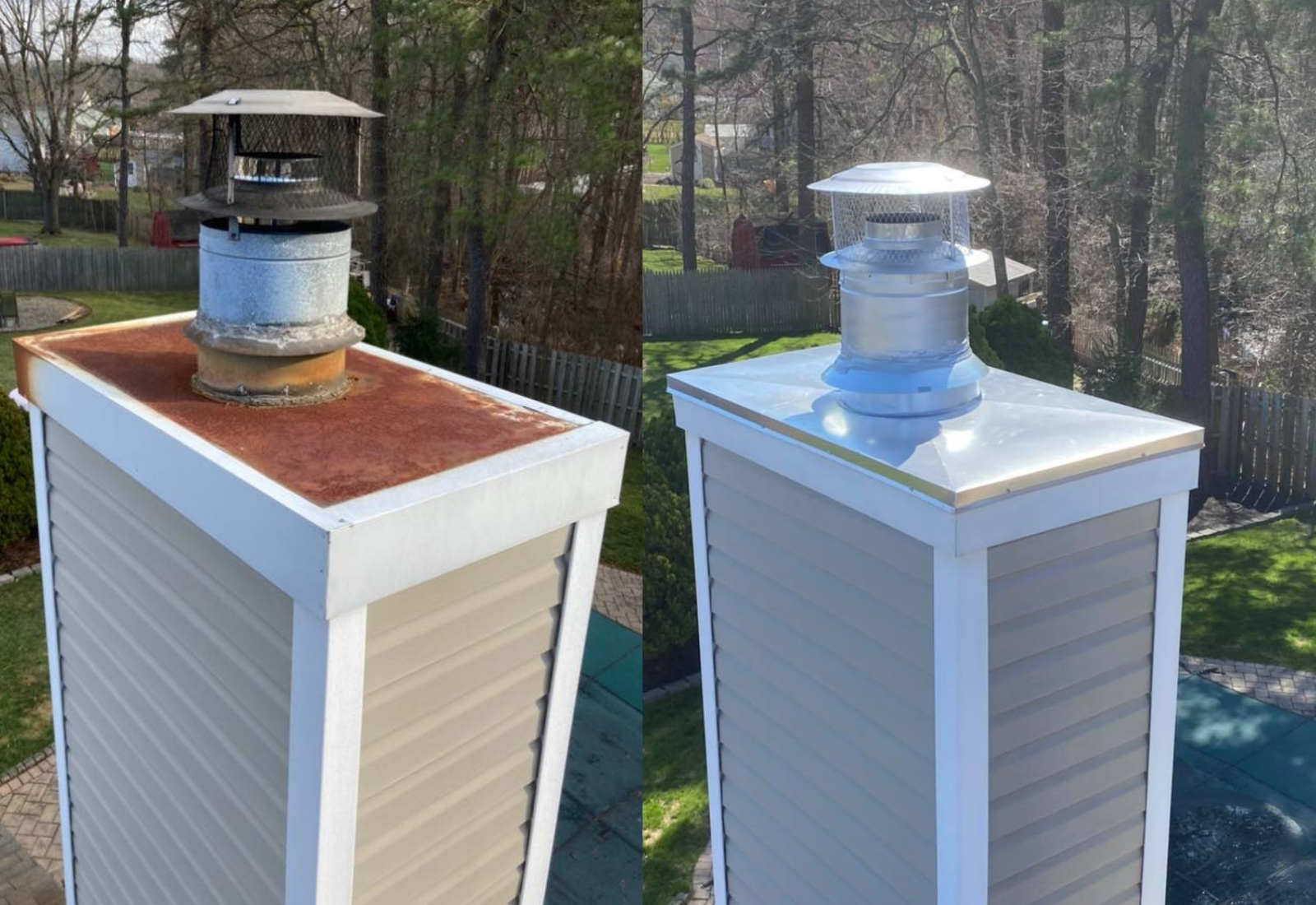 Side-by-side comparison of a chimney with a rusted, weathered cap on the left and a new, shiny cap on the right, atop a white vent pipe on a house rooftop. Work done by Two River Chimney Services serving Monmouth and Ocean County, NJ