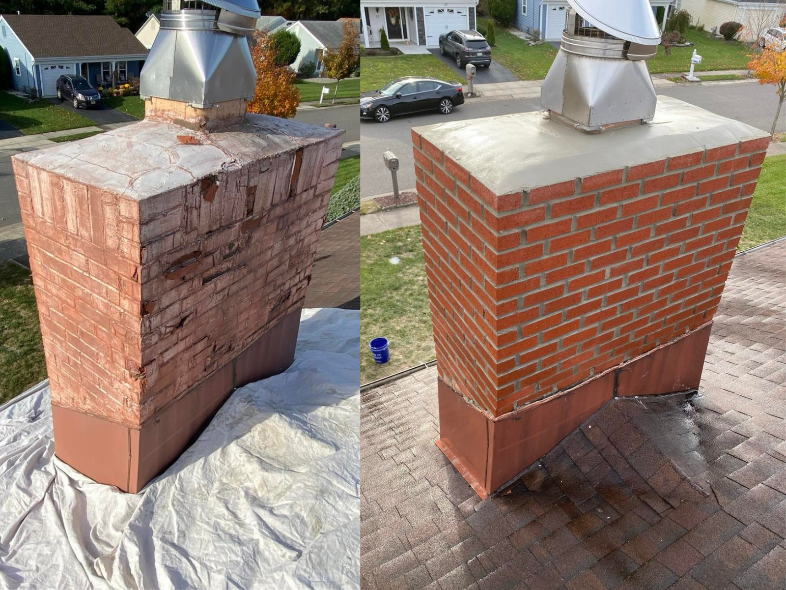 Side-by-side comparison of a brick chimney before and after cleaning and restoration. The left side shows an aged, weathered chimney with darkened bricks and visible damage. The right side shows the same chimney after cleaning, with fresh red bricks and a neat appearance.