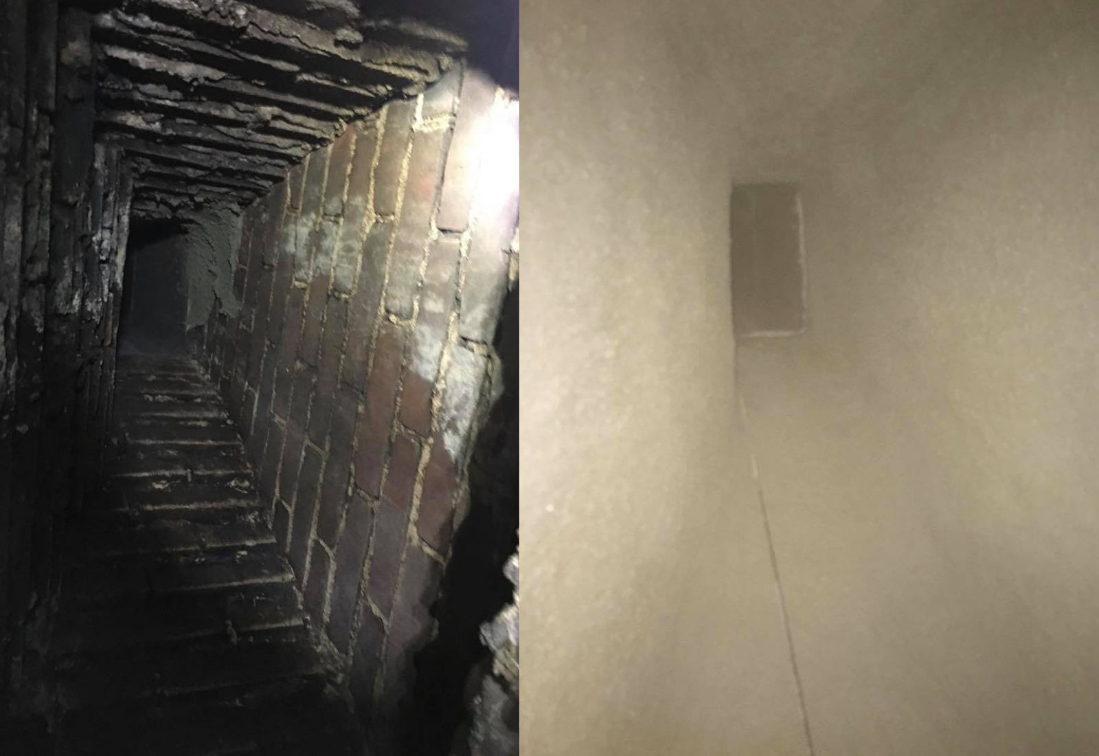 A split image showing two different scenes. The left side depicts an underground brick tunnel or chimney with rough, old bricks, dark shadows, and a narrow opening at the bottom. The right side shows a plain, beige-colored wall with an air vent or small window, slightly dusty or foggy appearance, with minimal detail.