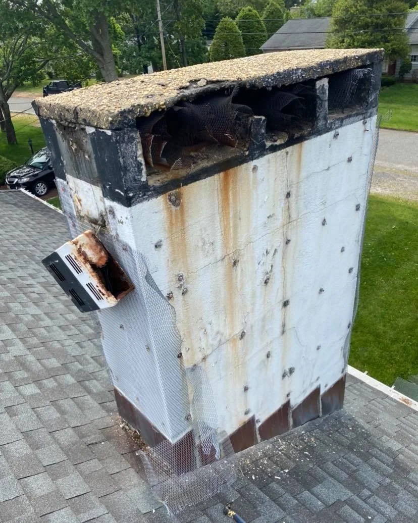 Masonry chimney falling apart do lack of repair. 