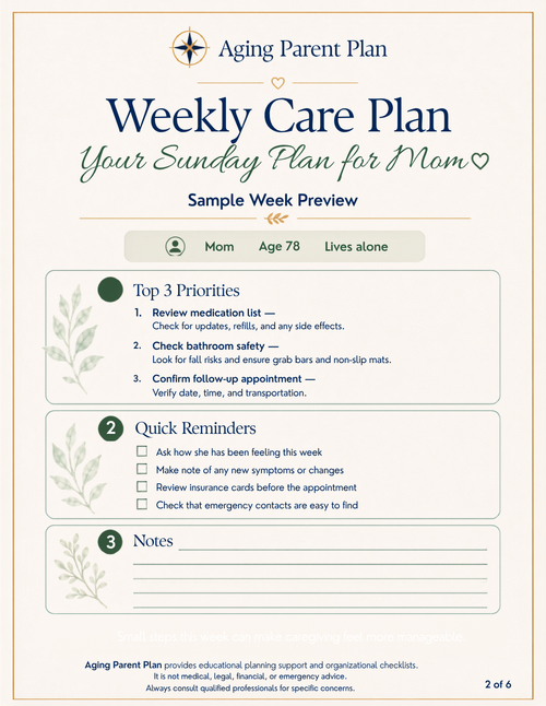 Weekly care plan sample page