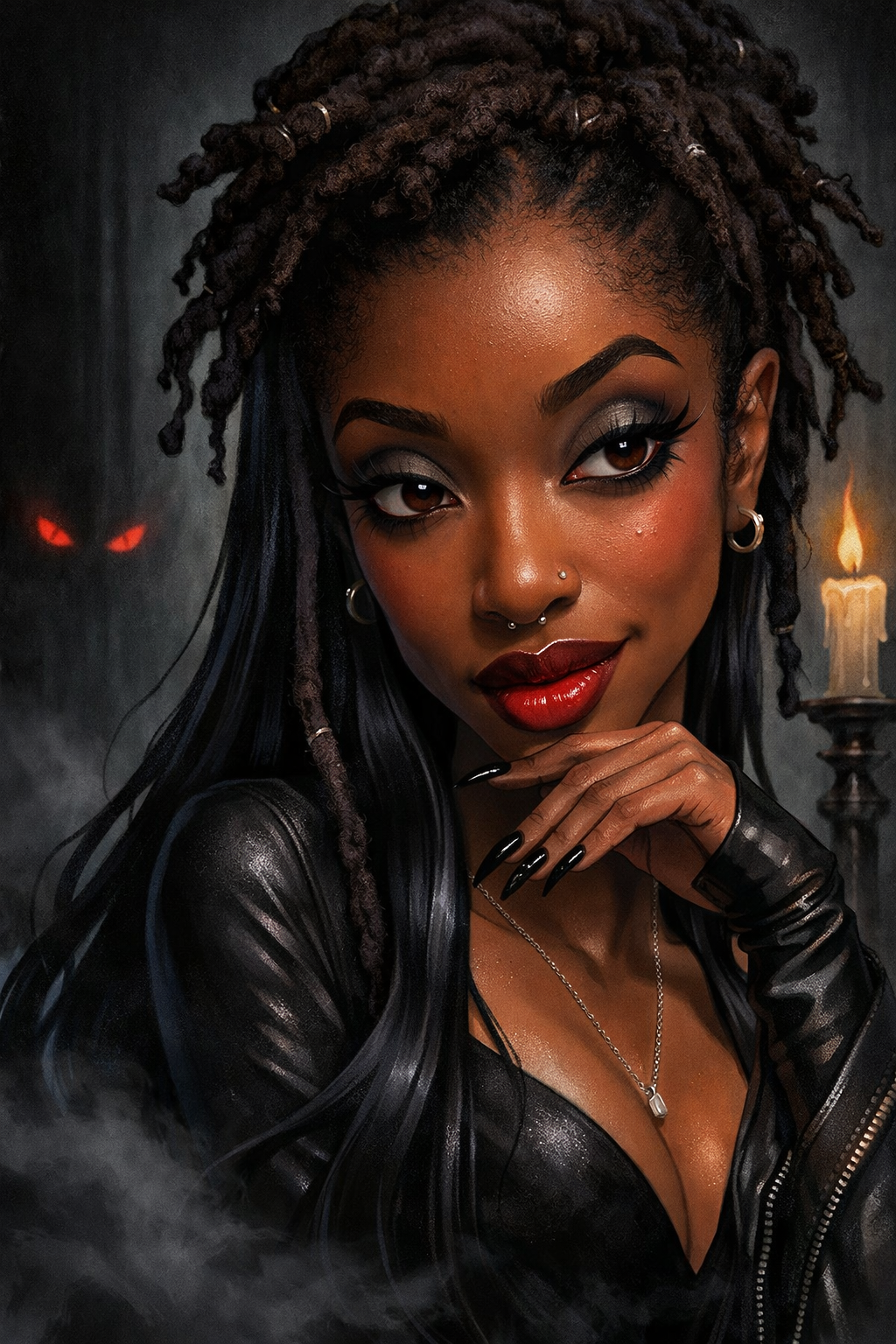 A woman with dark skin and dreadlocks, wearing dark makeup and red lipstick, lightly smiling with her hand near her face, in a dark environment with a candle and red eyes glowing in the background.