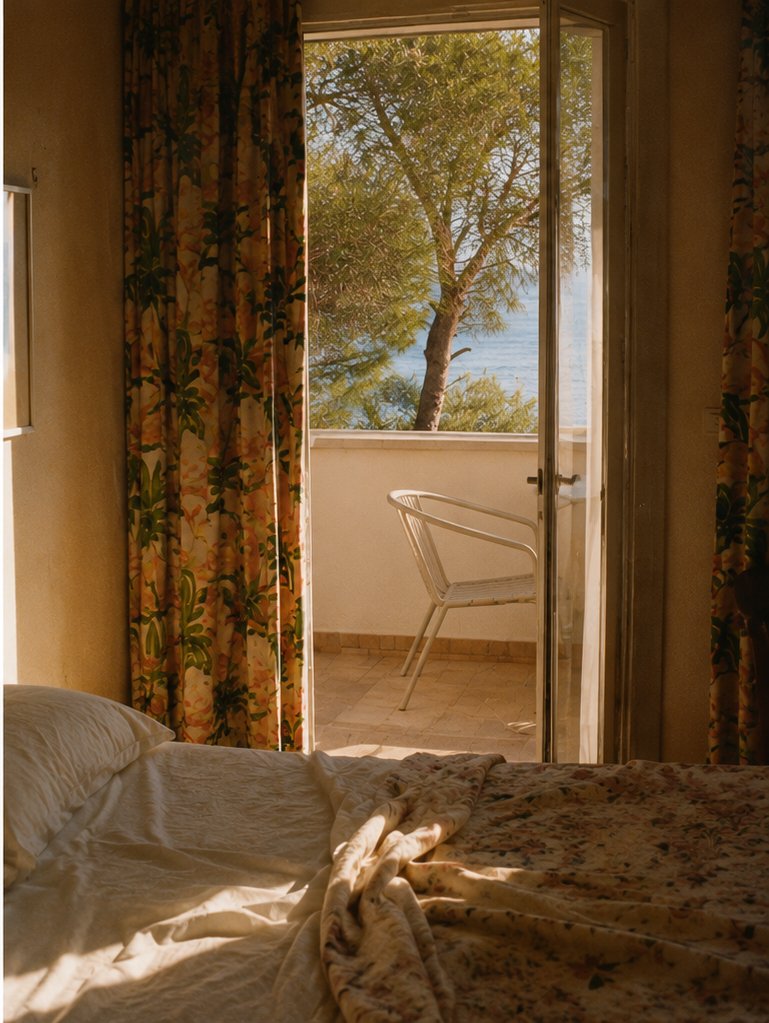 A view from inside a hotel room looking out through a glass door to a balcony with a white plastic chair, overlooking a tree and the water in the distance at a seaside location, with sunlight illuminating part of the bed and the curtains.