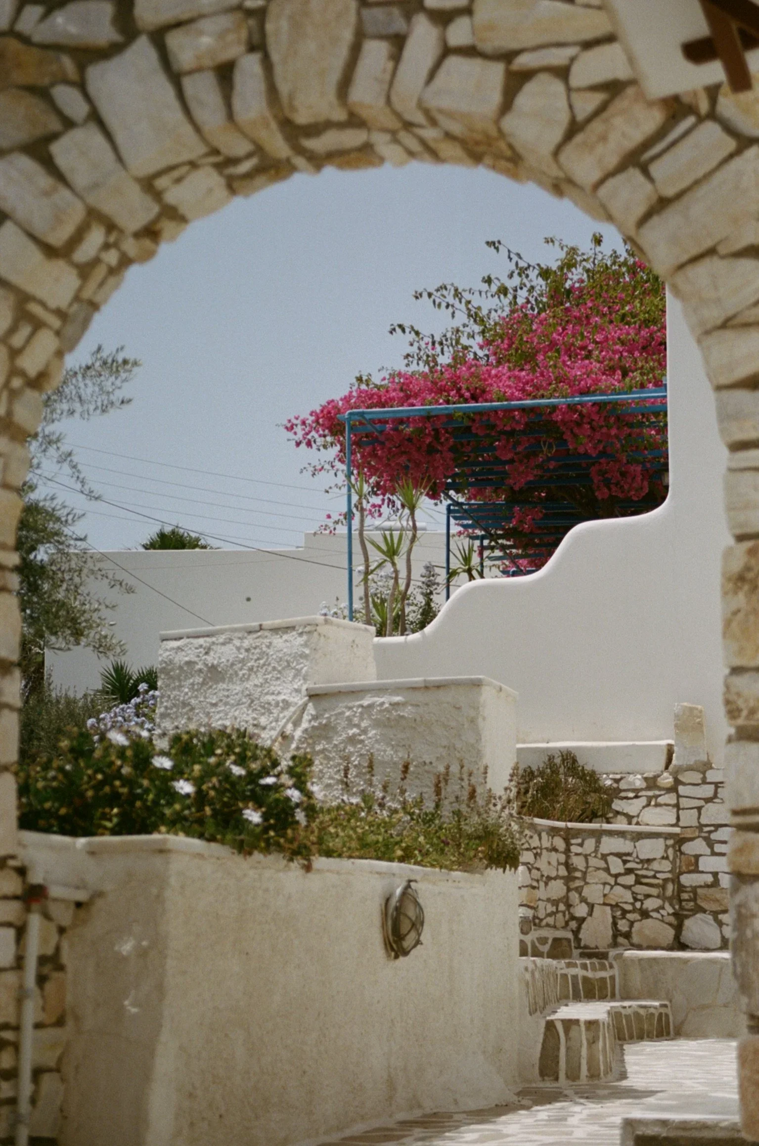 A picturesque scene of a white building with a stone archway, pink flowering bush, and a shaded outdoor seating area.