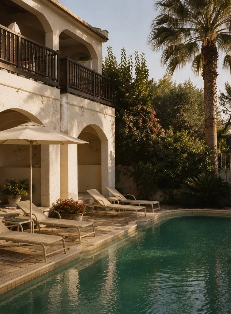 Poolside view with lounge chairs, an umbrella, and a two-story white building with balconies, surrounded by lush tropical plants and palm trees. Hospitality, lifetsyle.