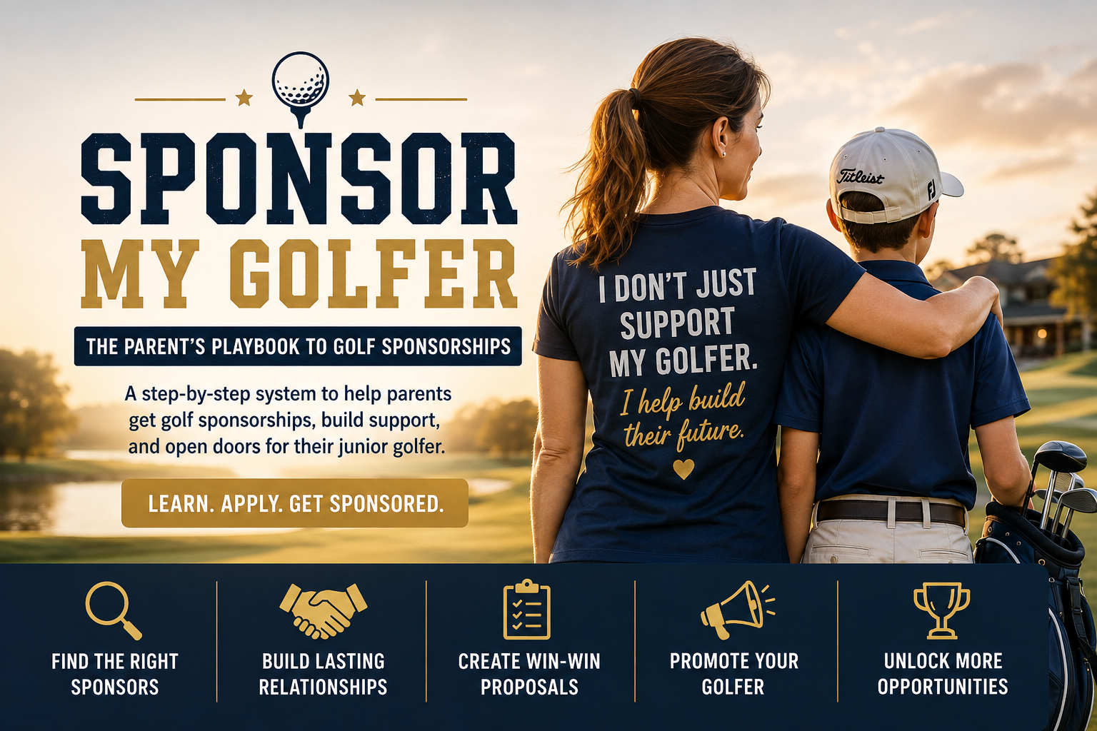 A woman and a young boy standing on a golf course during sunset. The woman is wearing a navy shirt with white and gold text that says, 'I don't just support my golfer. I help build their future.' The image promotes a program to help parents get golf sponsorships for their children, featuring icons and text about finding sponsors, building relationships, creating proposals, promoting golfers, and unlocking opportunities.