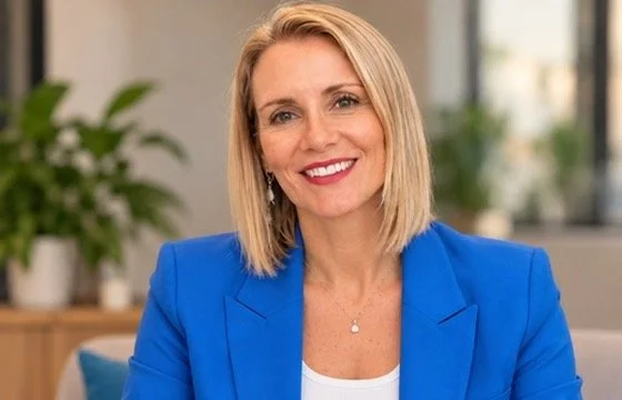 A smiling woman with shoulder-length blonde hair wearing a bright blue blazer and white top, sitting indoors with a blurred background of green plants and windows.
