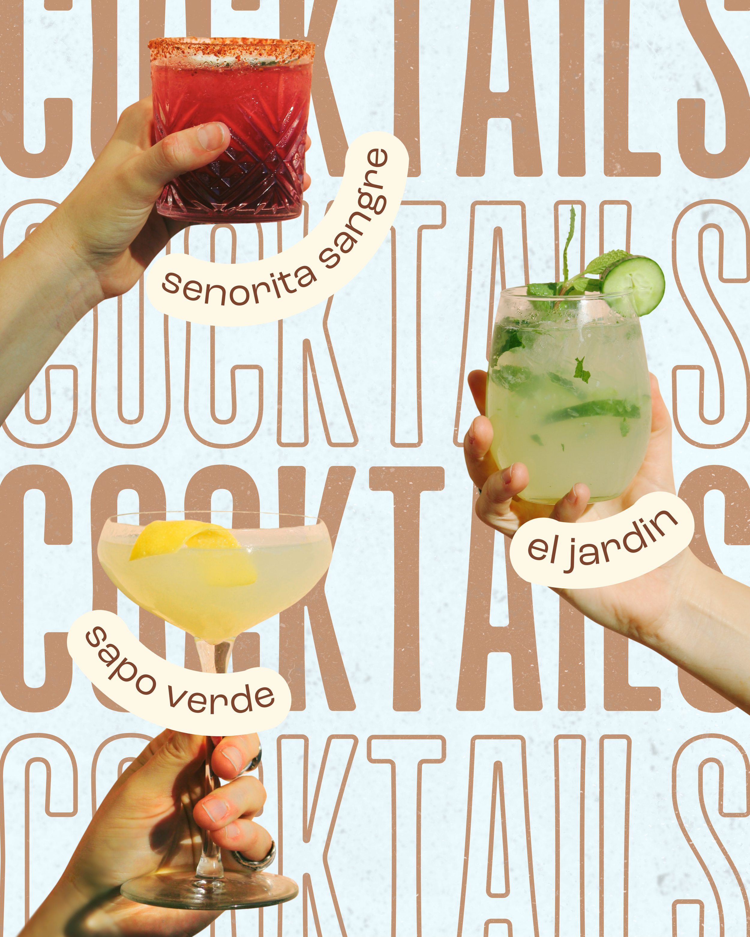 Two hand-held glasses of cocktails, one with a red drink and the other with a yellow-green drink, garnished with cucumber, mint, and lemon, against a decorative background with text.