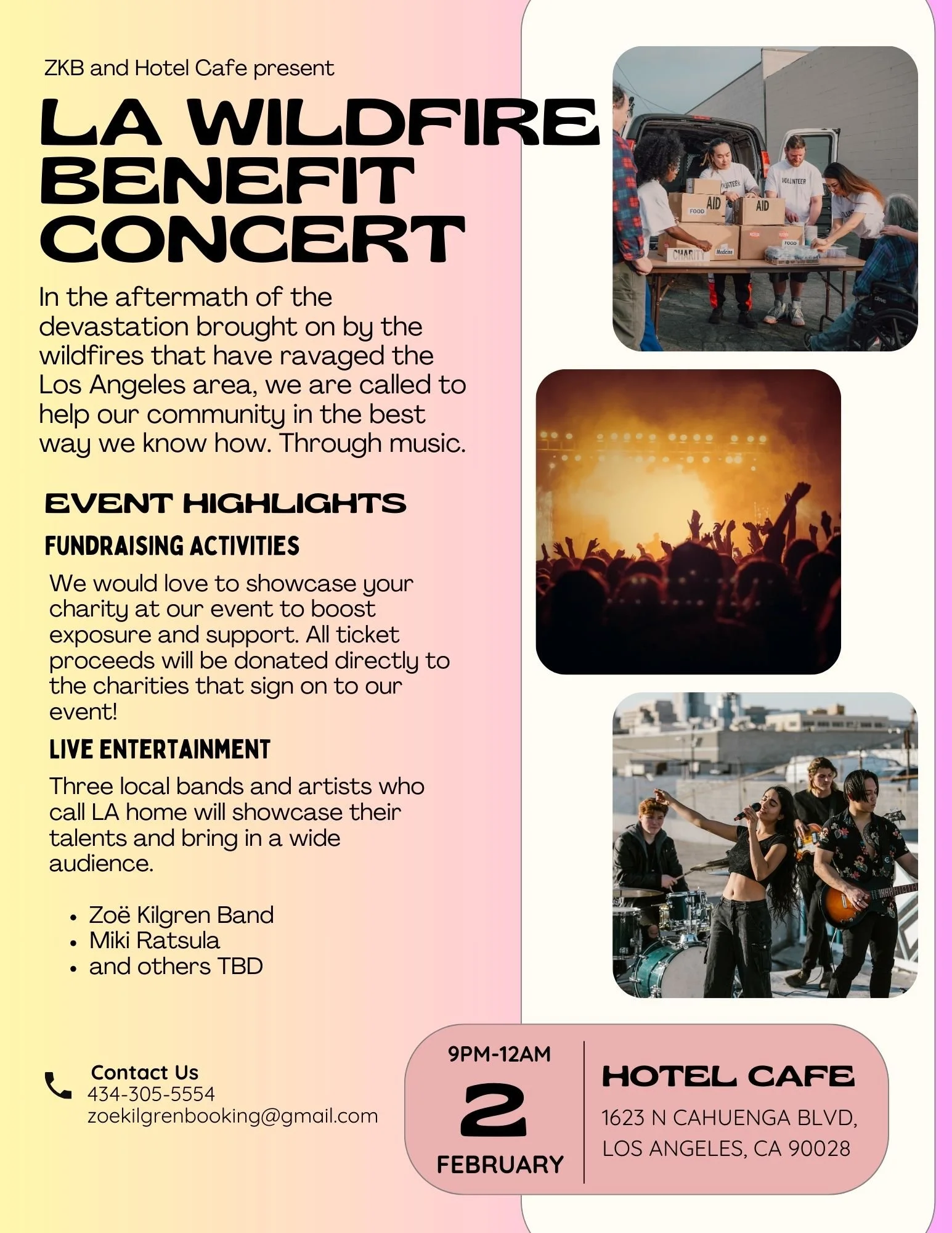 A promotional flyer for the La Wildfire Benefit Concert, featuring images of volunteers organizing supplies, a large crowd at a music event, and a band performing outdoors. The flyer includes event details, date February 2, from 9 PM to 12 AM at Hote