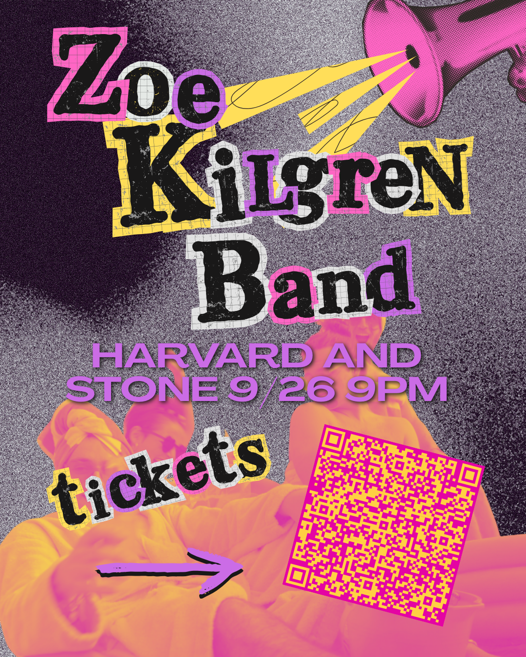 Promotional poster for a Zoe Kliger Band concert at Harvard and Stone on September 26 at 9 PM, featuring colorful collage design with cutout magazine lettering, a pink QR code, and a background image of two people in hoodies.