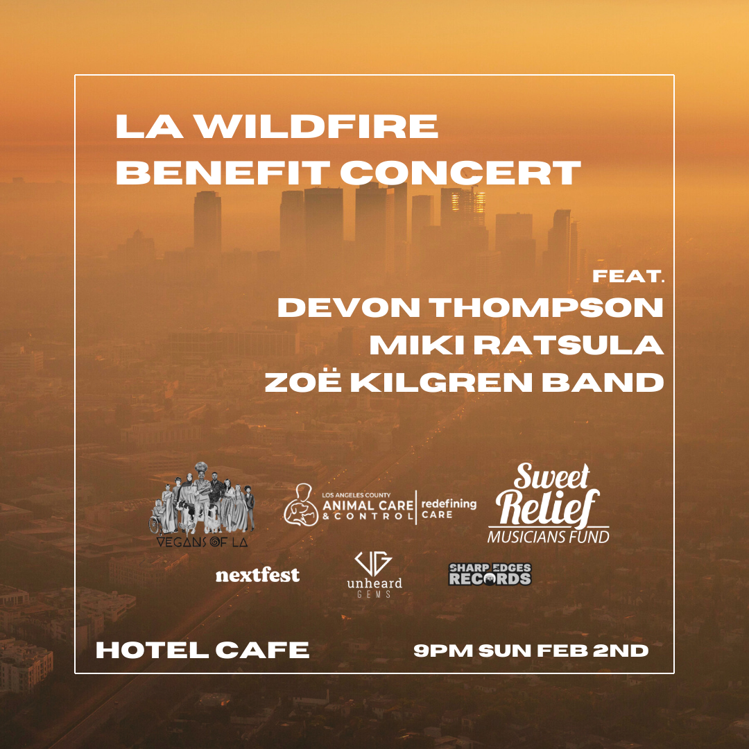 Poster for the La Wildfire Benefit Concert featuring Devon Thompson, Miki Ratsula, and Zoë Kilgren Band on Sunday, February 2nd at 9 PM at Hotel Cafe. The background shows a city skyline at sunset with logos of various sponsors and partners at the bo