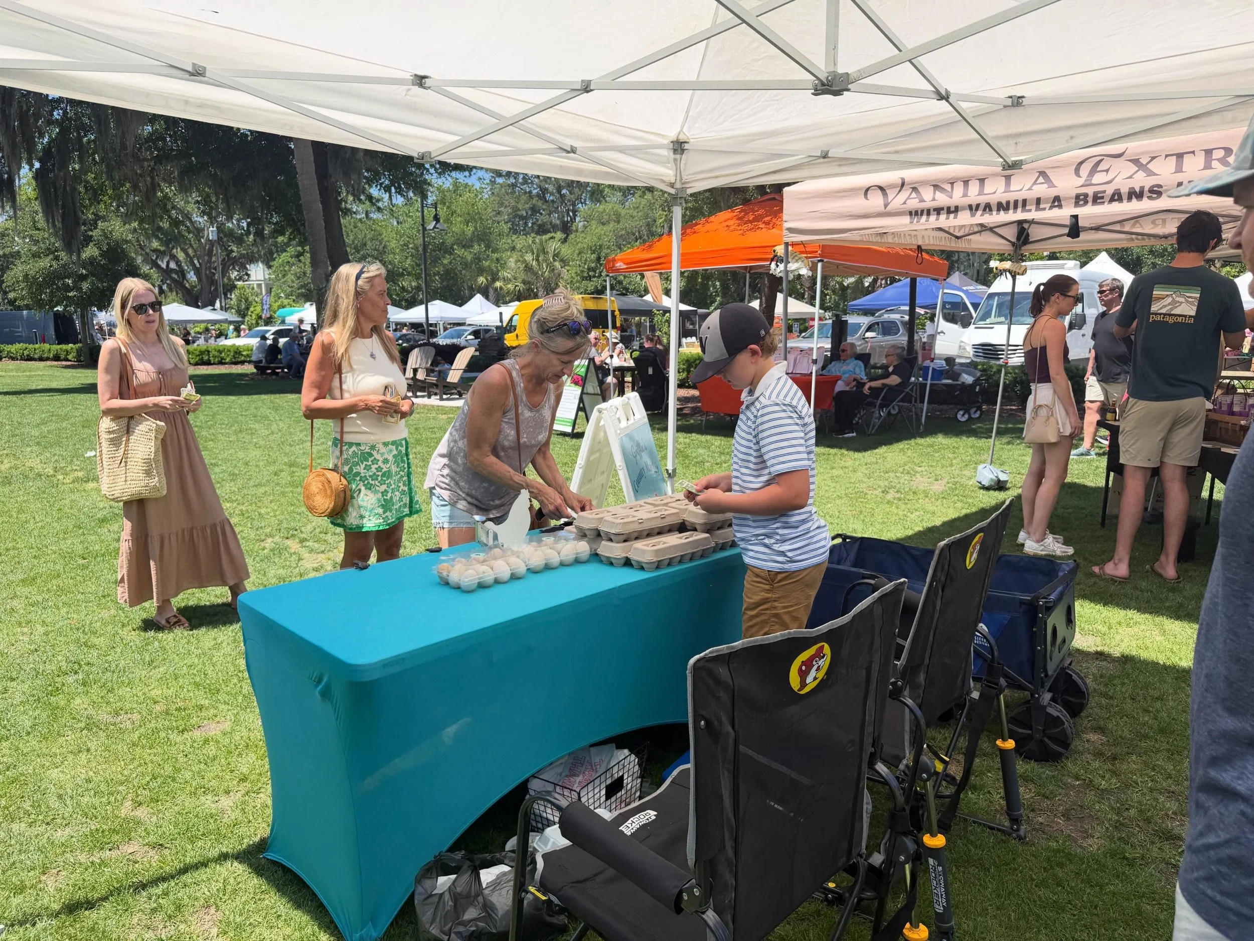 Great day at the Bluffton Farmers Market. Duck eggs are sold out. Come grab some chicken eggs before they get sold out.  I also got to enjoy a delicious beef gyro from @twobirds_greekstreetfood