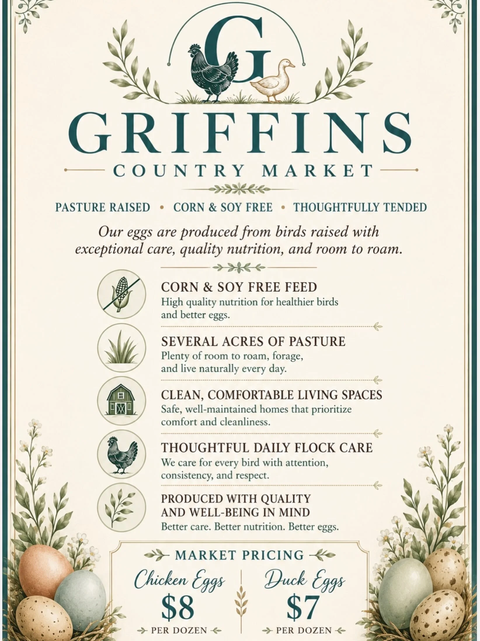 Hi guys! I wanted to share why my egg prices have gone up a little. Taking care of my chickens and ducks is something I really love, and I work hard every day to make sure they have lots of pasture to roam, clean places to live, fresh water, and a hi