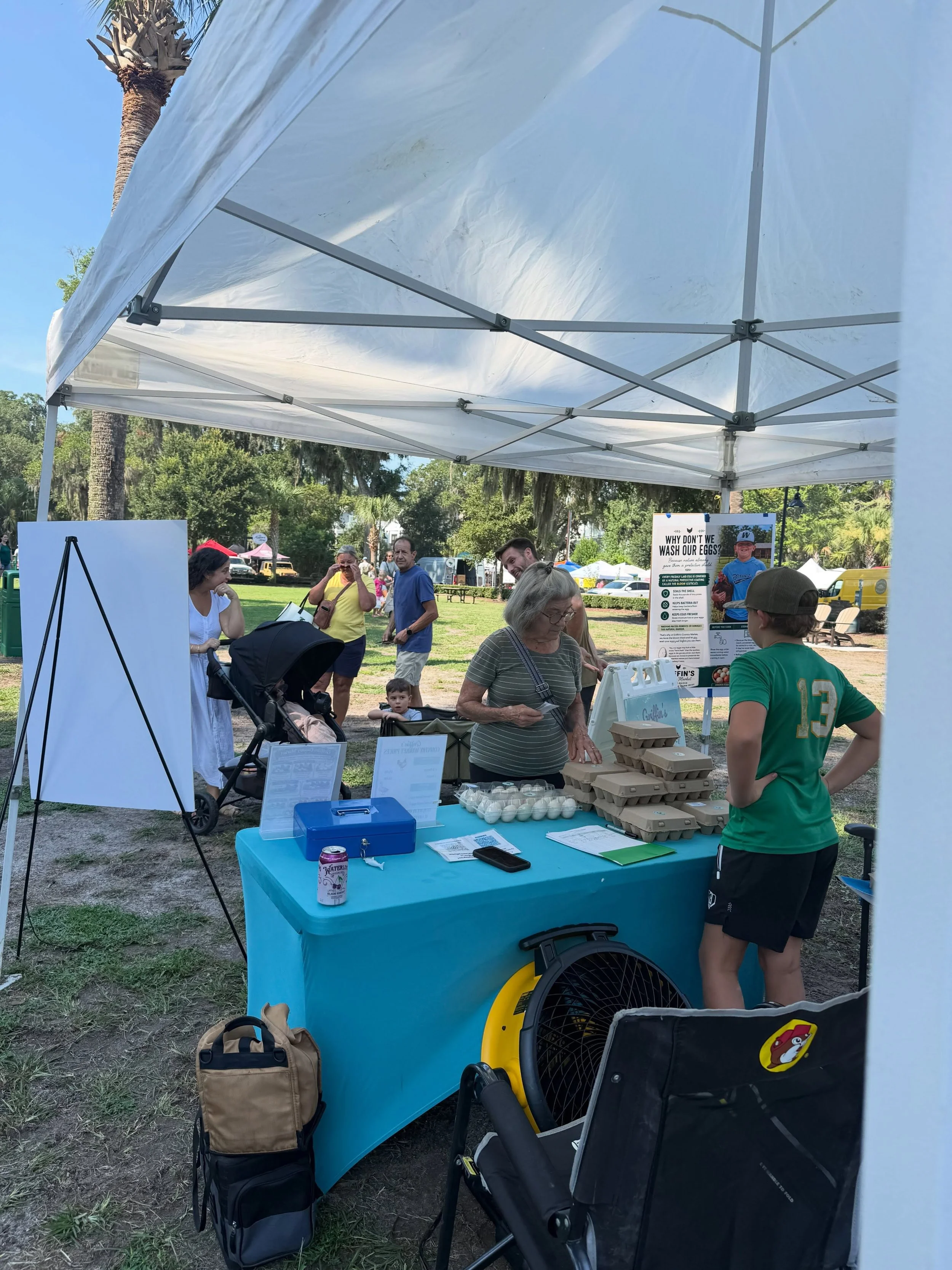 Having a great day at the farmers market. Come by and visit. I really like seeing all my regular customers and meeting new ones. I also like it when my hard work pays off and I hear people tell me how much they enjoy my eggs.