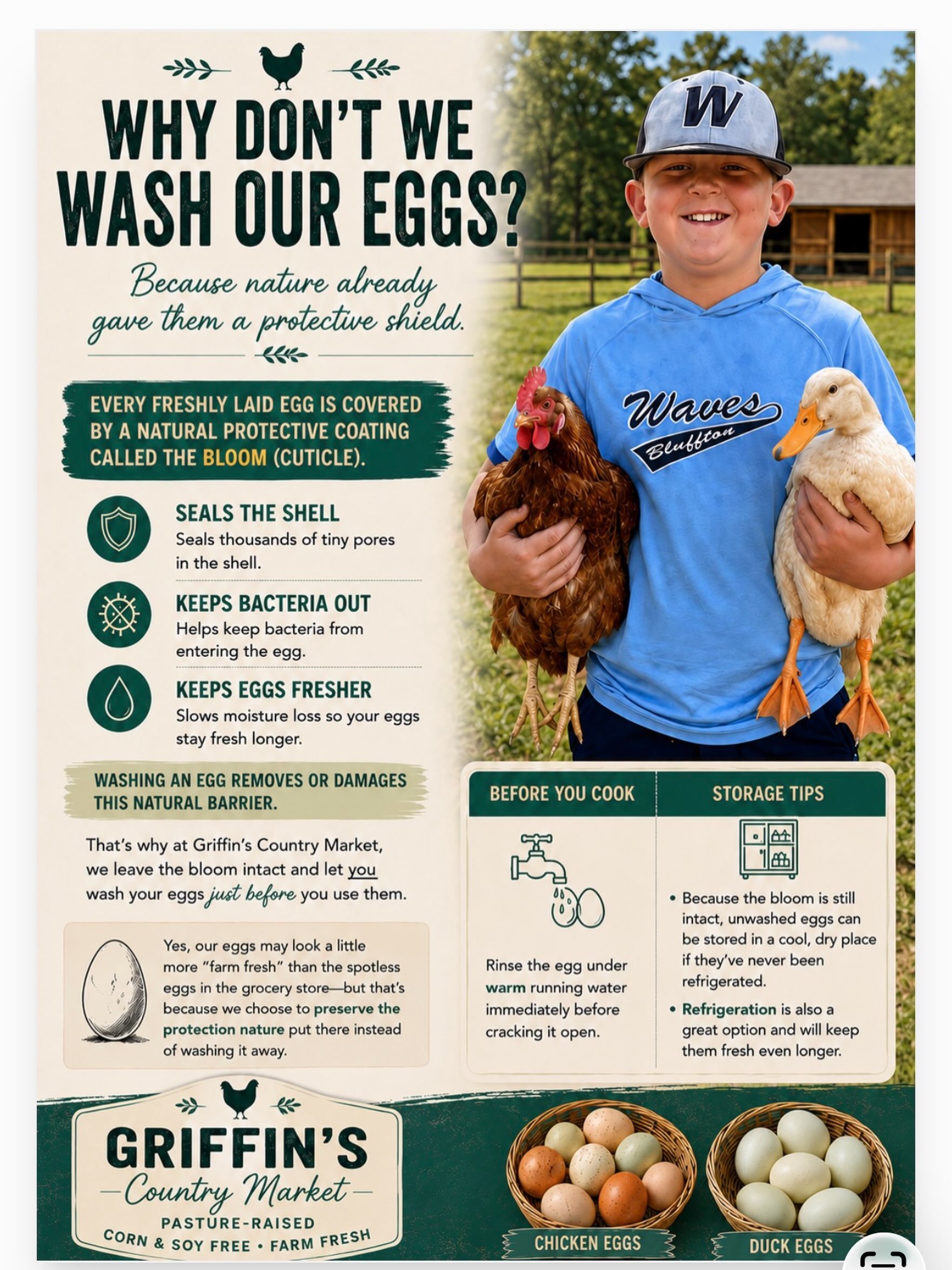 Why don&rsquo;t we wash our eggs? 

I used to think eggs were supposed to be washed, but I learned that chickens and ducks put a special natural coating on their eggs called the bloom.

The bloom helps protect the egg and keeps bacteria from getting 