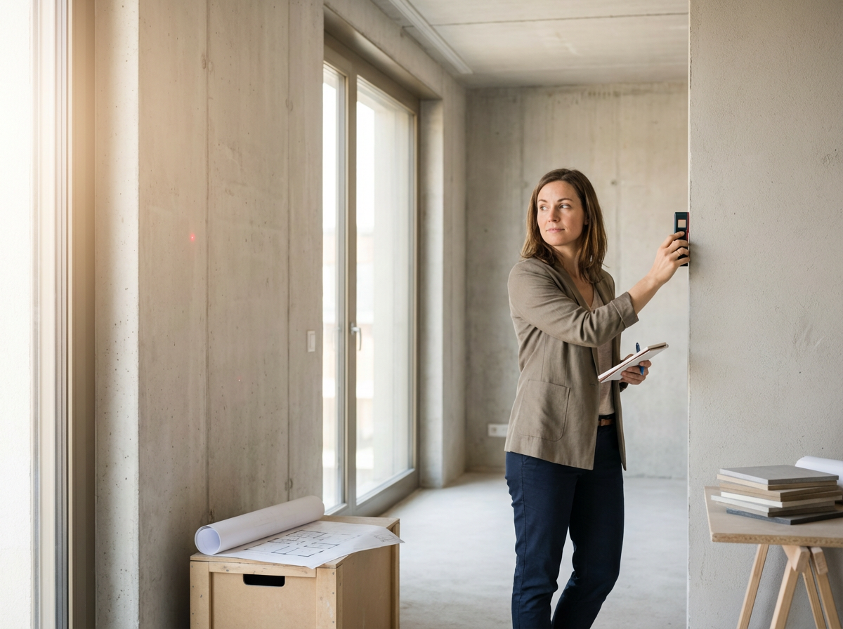 A woman in a blazer and jeans uses a laser level on a wall in an unfinished room with concrete walls and large windows.