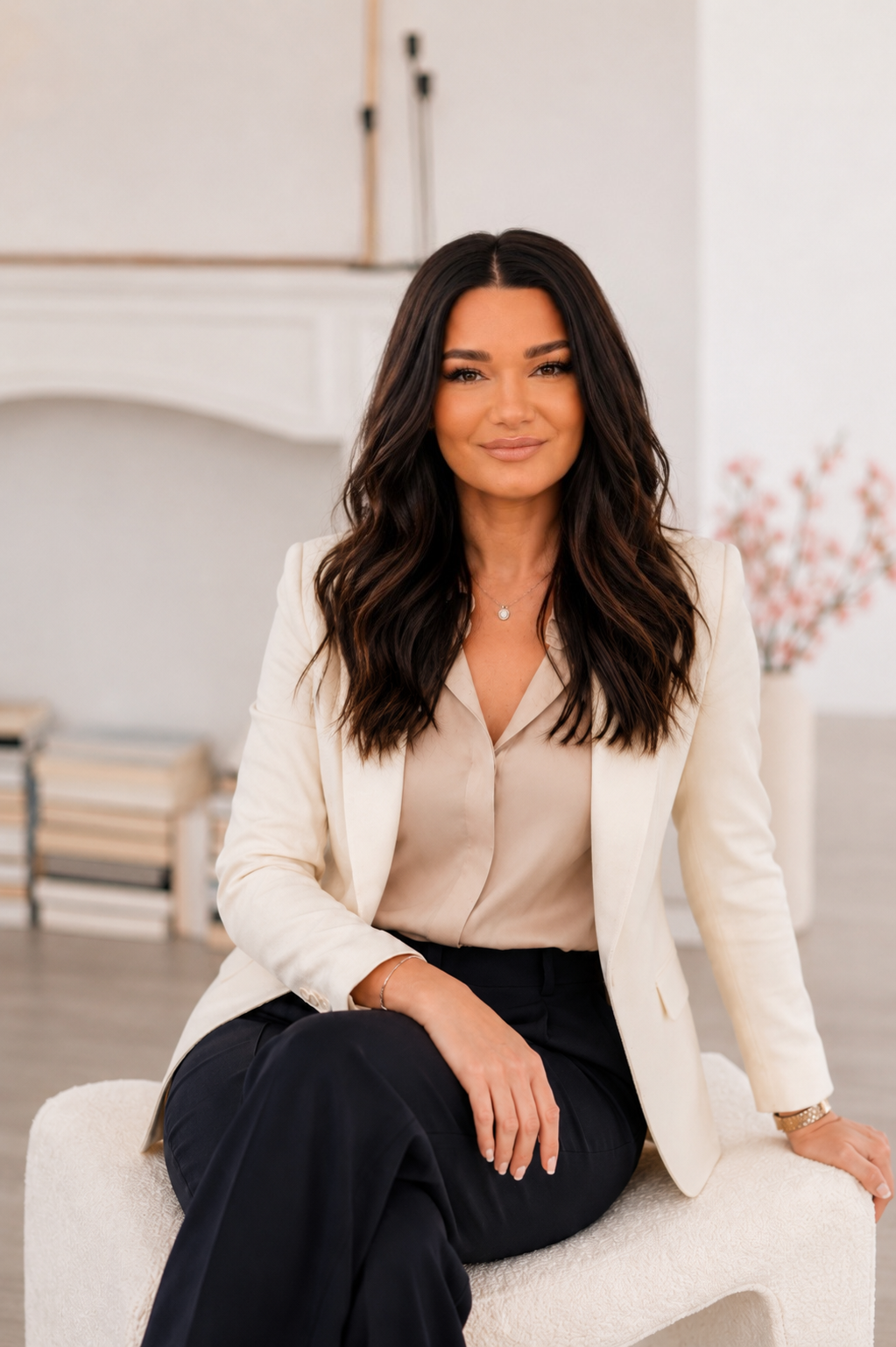 A woman with long dark hair sitting on a white armrest in a bright, minimalistic room with a white background, books in the background, and pink flowers in a vase.