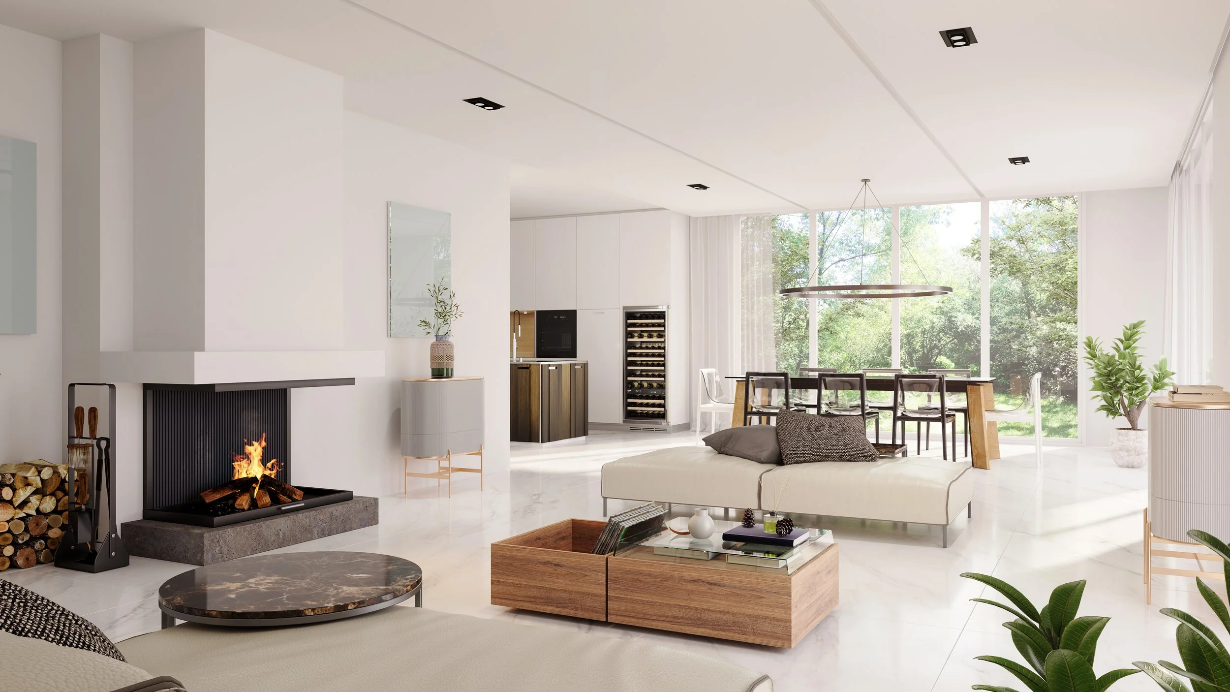 Modern living room with a fireplace, a coffee table, a white couch with pillows, and large windows letting in natural light, overlooking green trees outside.