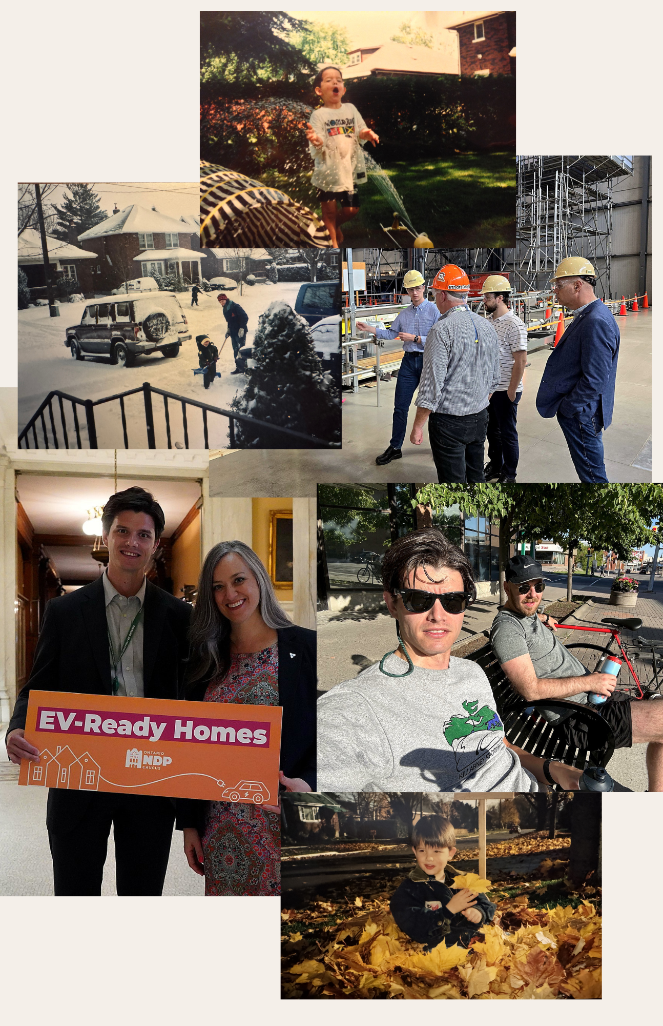Collage of multiple photos: A child playing in a sprinkler in a backyard, people shoveling snow in a residential neighborhood, a group of men in a factory or warehouse wearing safety helmets, a woman and man in formal attire holding an "EV-Ready Homes" sign, two men taking a selfie outdoors, and a boy sitting among fallen autumn leaves in a park.