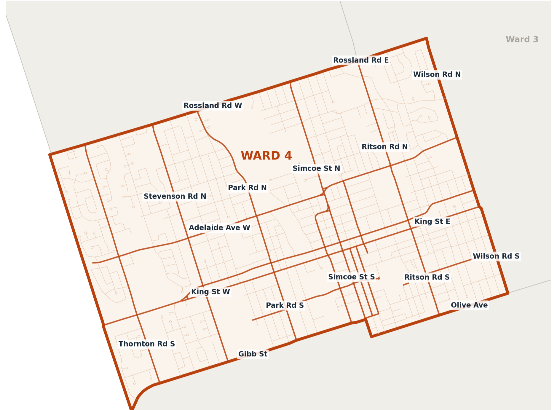 Map showing district boundaries and street names such as Rossland Rd E, Wilson Rd N, Simcoe St N, King St E, and other roads in Ward 4.