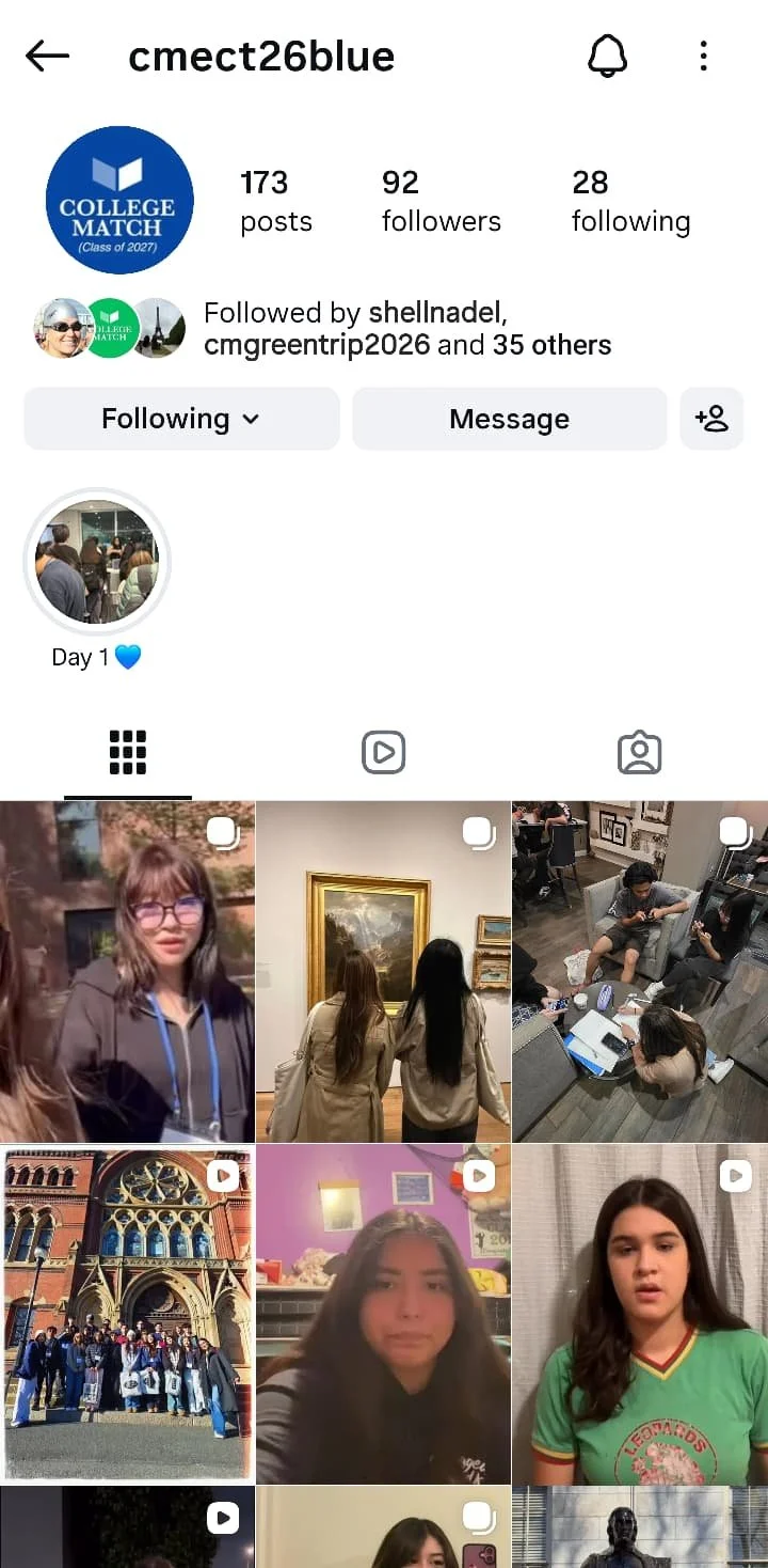 Instagram profile page for cmect26blue showing profile picture, followers, posts, following count, and a grid of photos including kids at art museum, school group, and indoor setting.