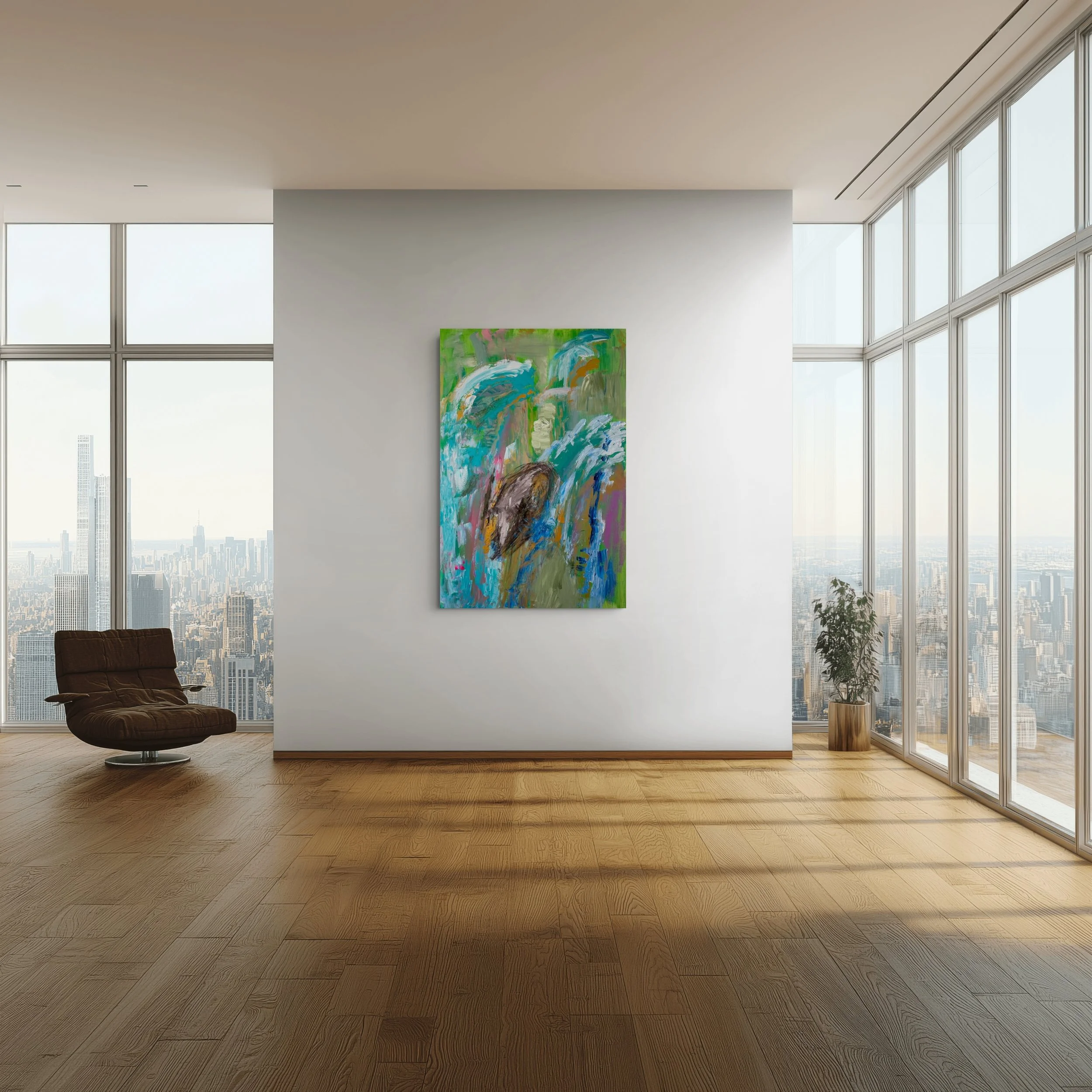 Modern art gallery interior with large colorful painting on white wall, wooden flooring, tall windows showing city skyline, brown lounge chair on left, and potted plant on right.