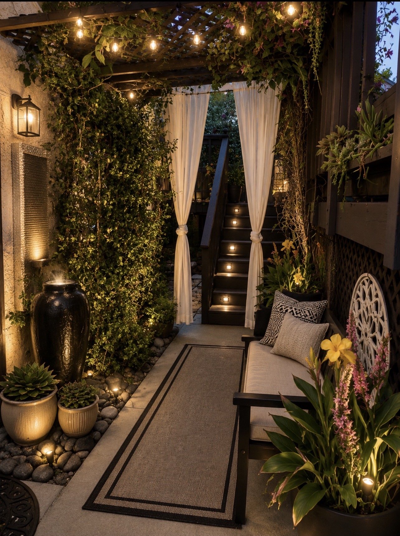 A cozy outdoor patio area at dusk featuring string lights, lush greenery, a water fountain, potted plants, a bench with decorative pillows, white curtains, and a staircase leading to an upper level.