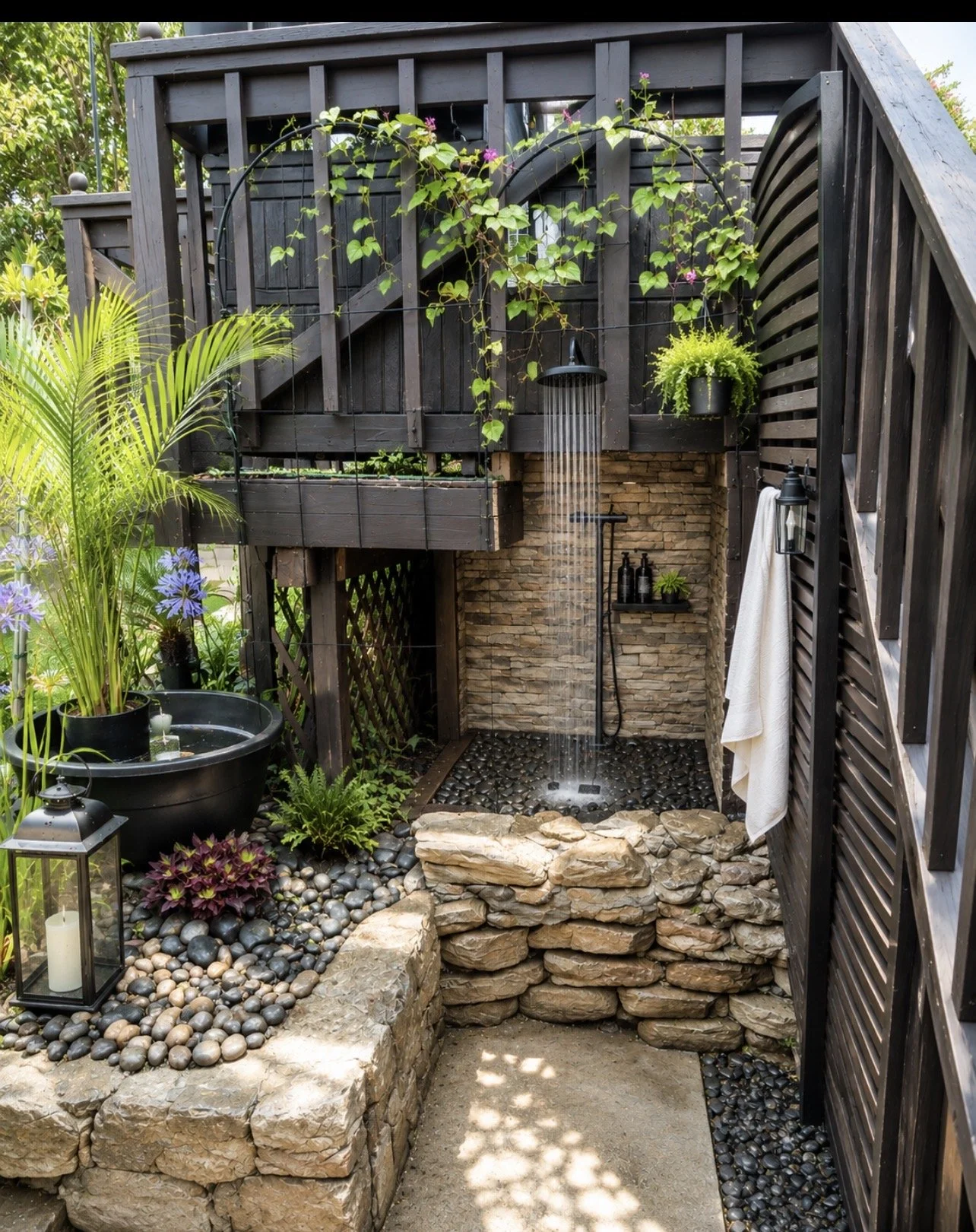 Outdoor shower area with black wooden structure, shower head, and water flowing. Decorated with potted plants, hanging plants, and lanterns. Stone and pebble accents on the ground and around the base of the shower.