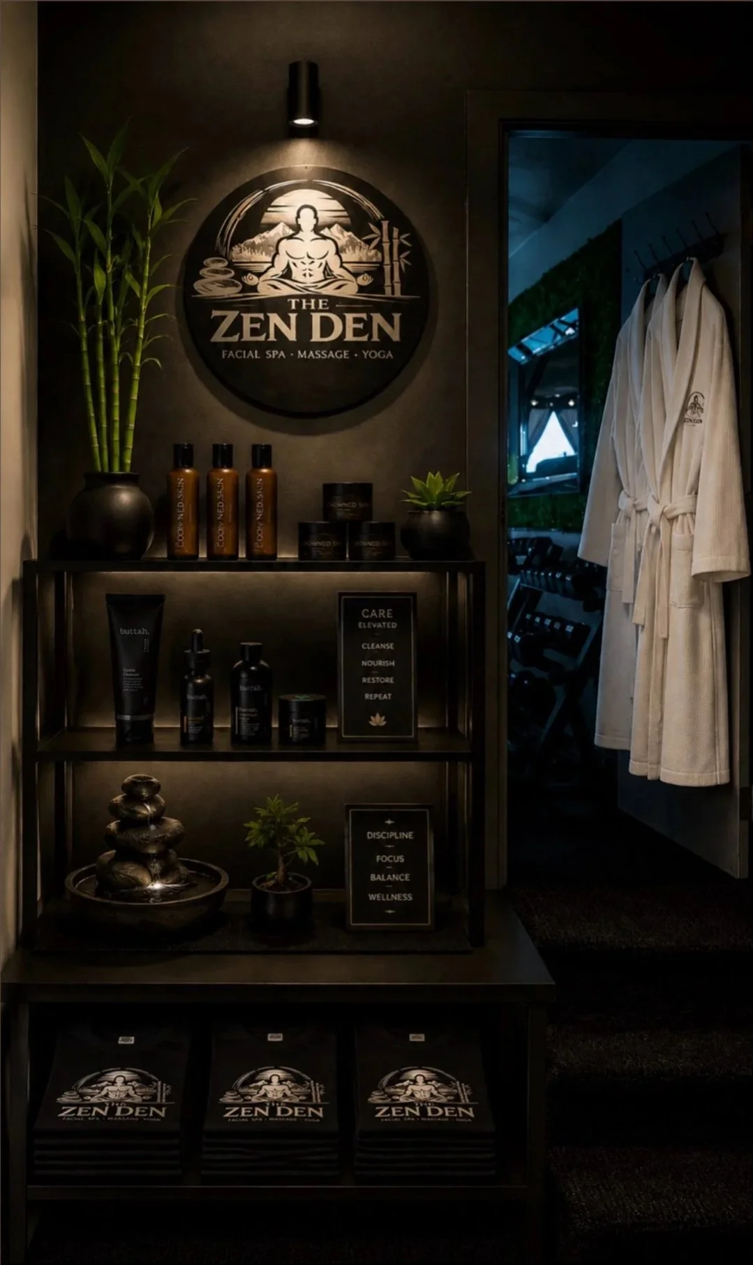 Inside a spa or wellness center with a sign reading 'The Zen Den' featuring a meditating figure, guitars, and mountains. Shelves display skincare products, a small potted plant, and waterfall decor. Robes hang on the wall, and there are motivational 
