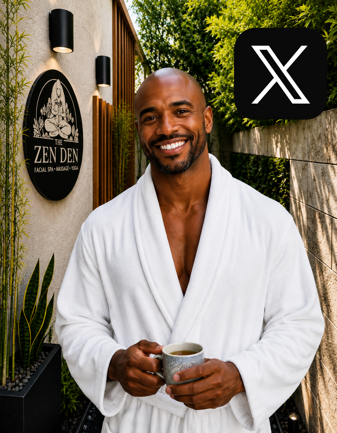 A man smiling and holding a mug while standing outside a spa, wearing a white bathrobe with greenery in the background and a sign for The Zen Den Facial Spa, Massage, Yoga.
