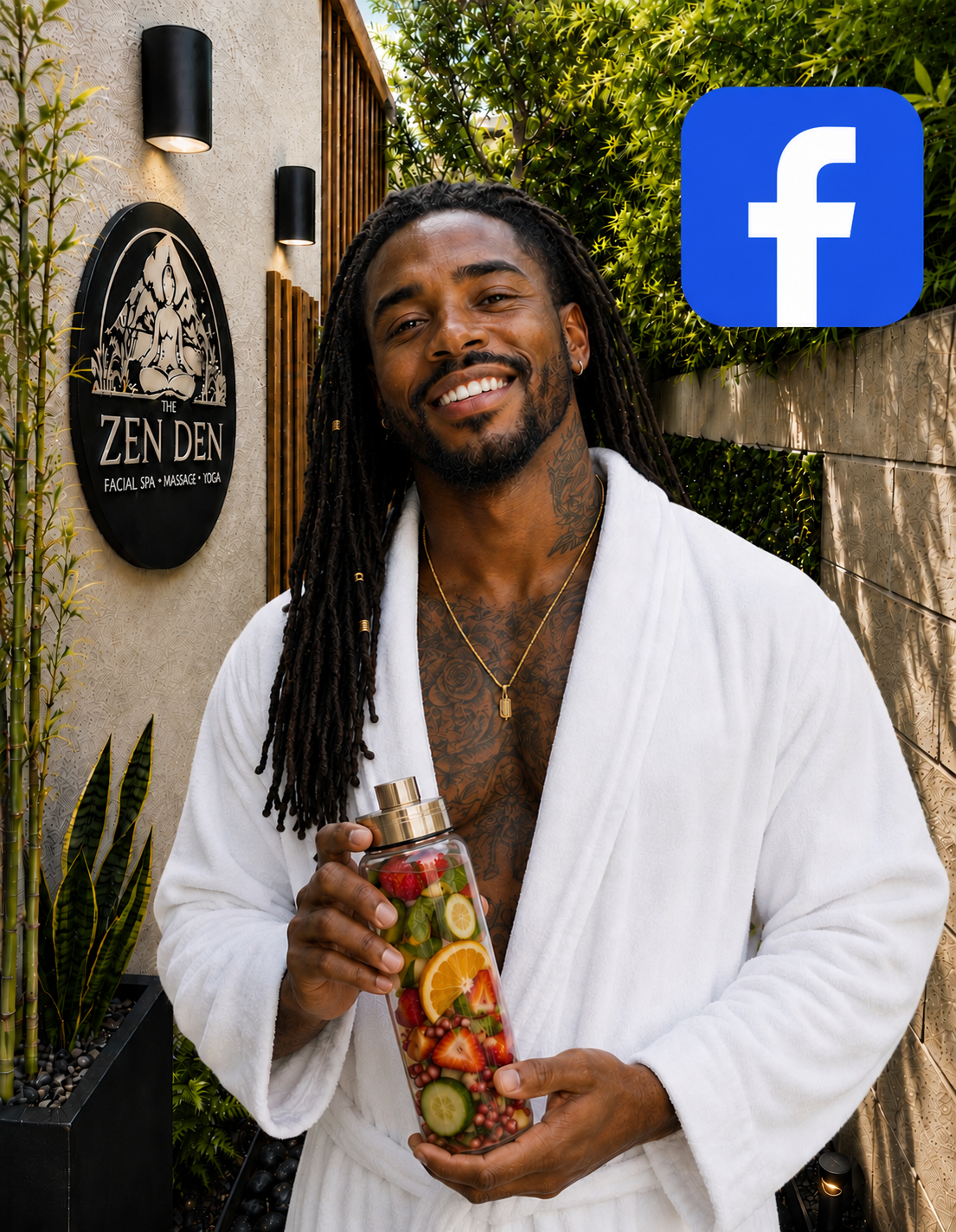 A smiling man with dreadlocks and tattoos, wearing a white bathrobe, holding a glass water bottle filled with sliced fruits, standing outdoors at a spa called 'The Zen Den' with greenery and a Facebook logo in the background.