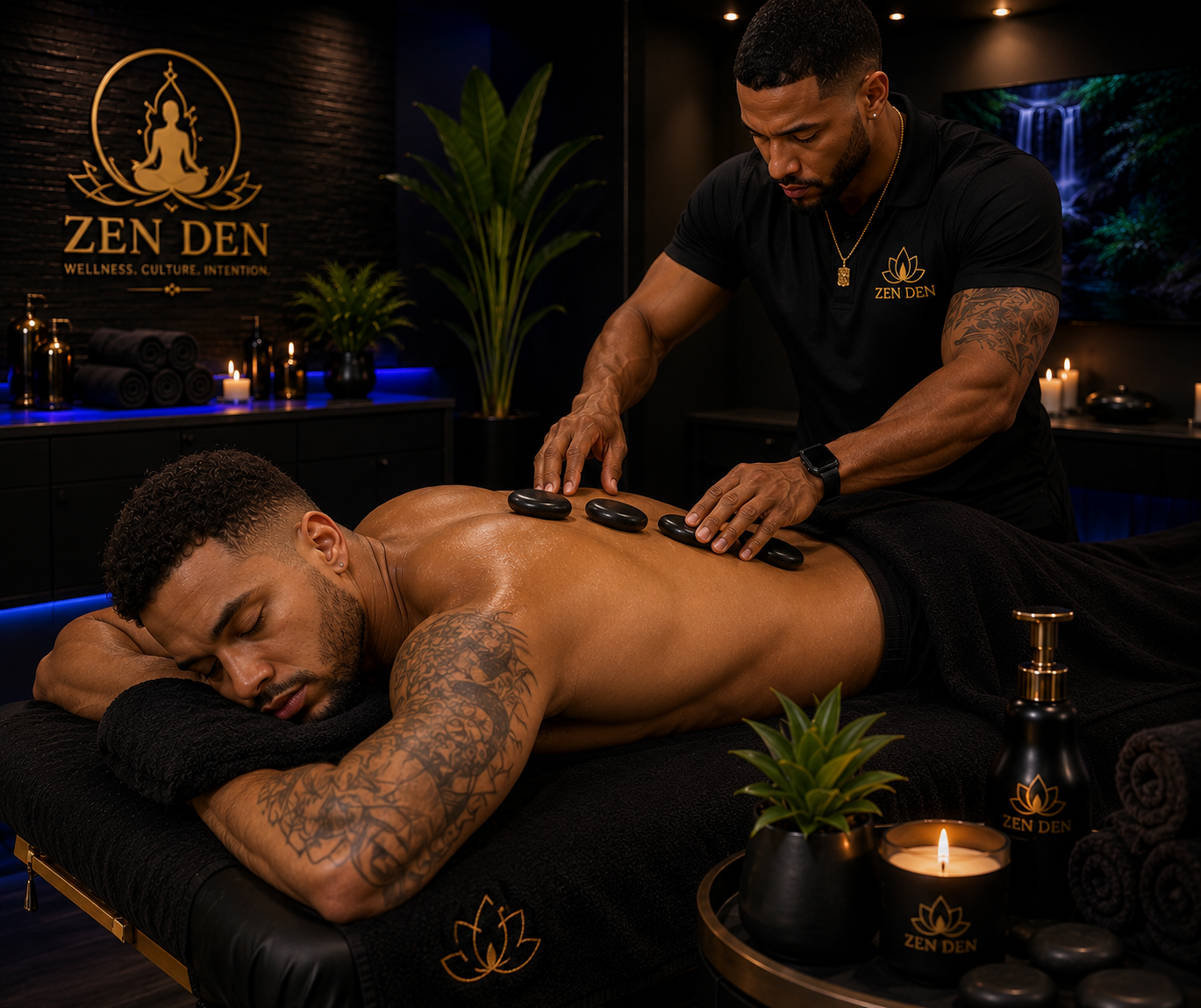 A man receives a hot stone massage at Zen Den spa, lying face down on a massage table with his eyes closed, while a therapist places hot stones on his back. The spa has a relaxing atmosphere with candles, plants, and a Zen Den logo on the wall.