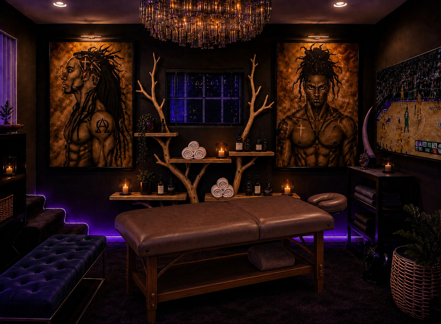 A massage room with two large African-style paintings of muscular men with dreadlocks and tattoos. The room features a massage table, candles, bottles, shelves with rolled towels, and decorative branches. There is purple ambient lighting and a flat-screen TV showing a basketball game.
