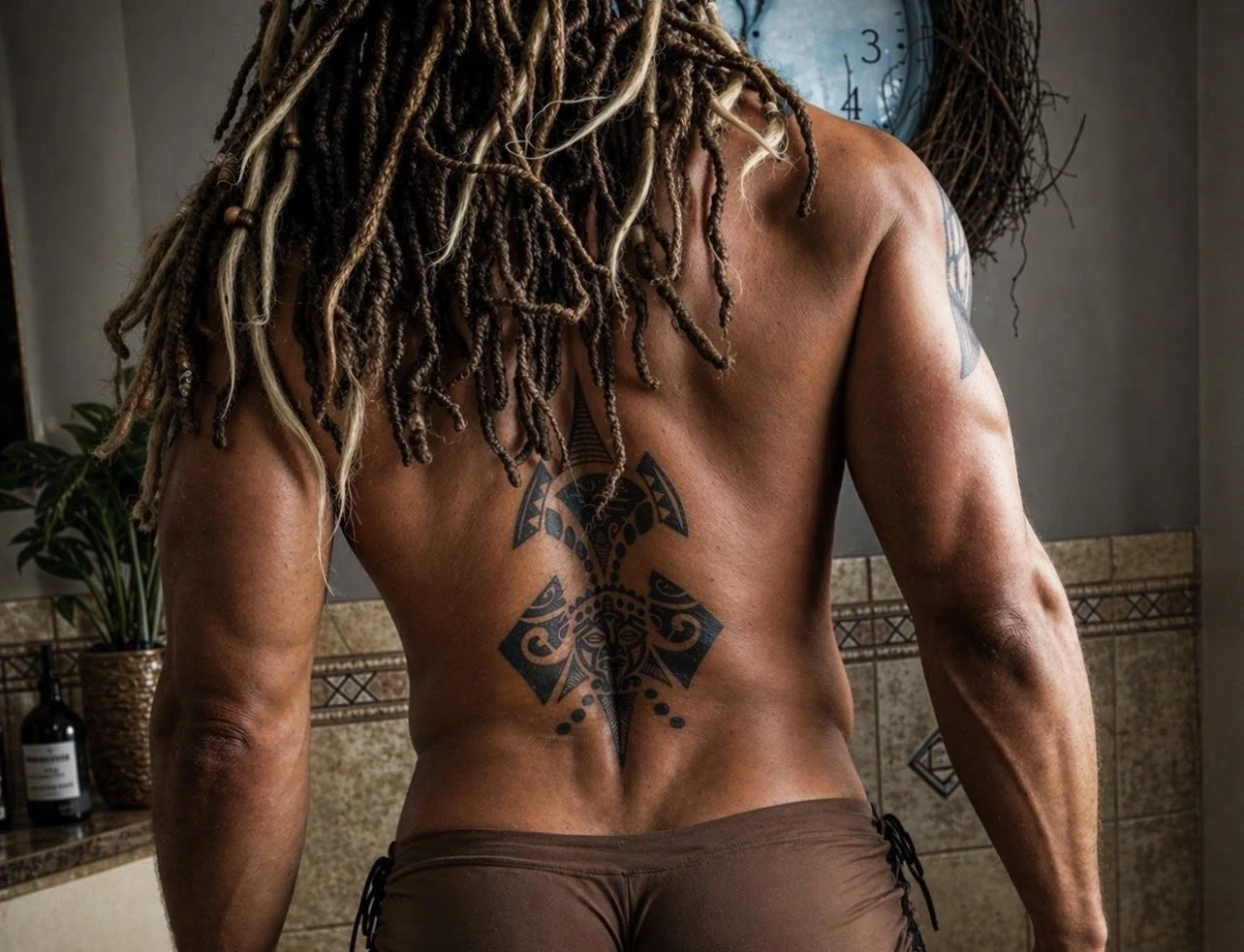 A shirtless person with long dreadlocks and tattoos on their back and arm, standing in a bathroom with tiled walls and a potted plant in the background.