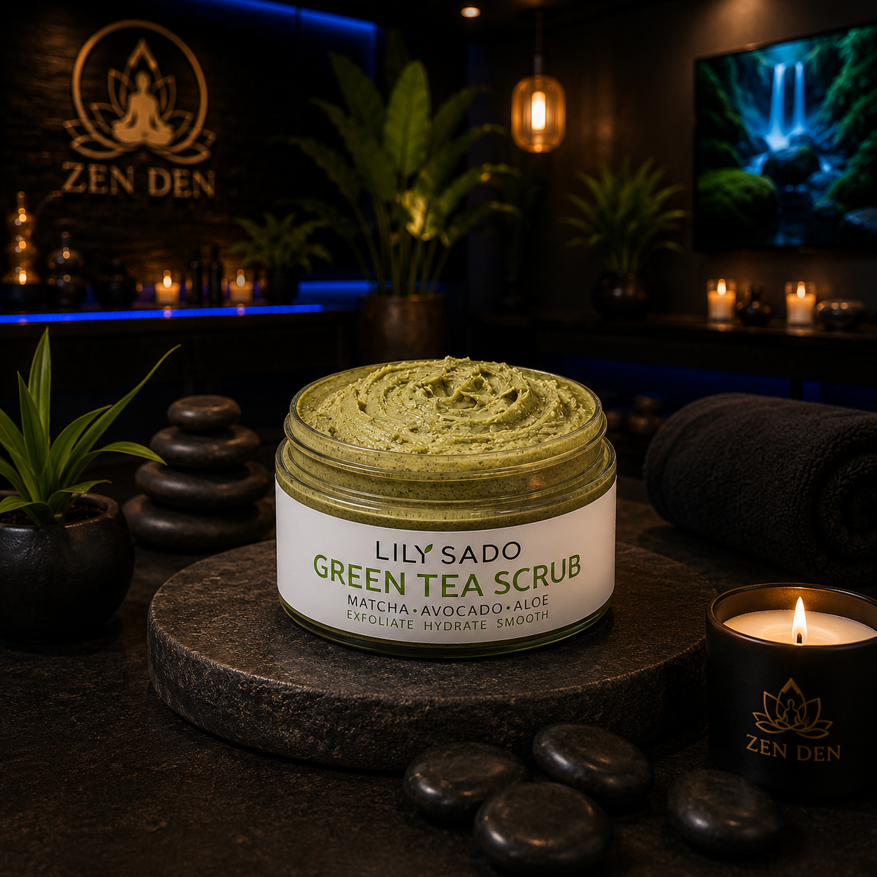 A jar of Lily Sado Green Tea Scrub with matcha, avocado, and aloe, on a dark spa-like setting with green plants, candles, and Zen Den logo in the background.