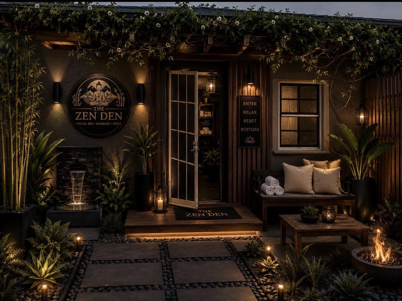 An outdoor night scene of The Zen Den, a spa and yoga studio with a cozy entrance area. There is a door, relaxing seating with pillows and rolled towels, plants, lanterns, a small fountain, and a fire pit, all illuminated by warm lighting.