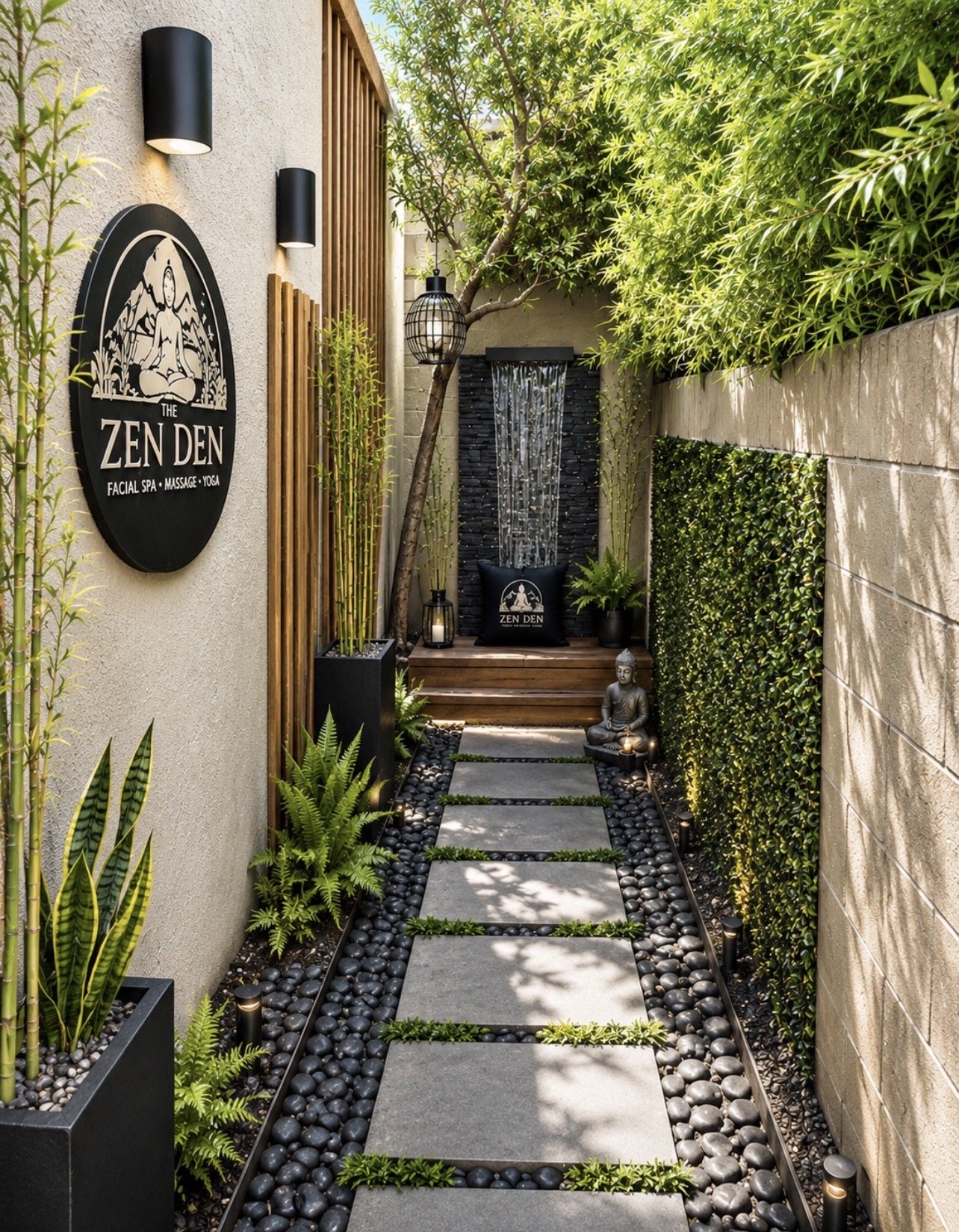 A narrow outdoor pathway with stepping stones surrounded by black pebbles, leading to a small Zen garden area with a Buddha statue, lush green plants, and a waterfall feature. The space is decorated with lanterns, a pillow with the Zen Den logo, and 