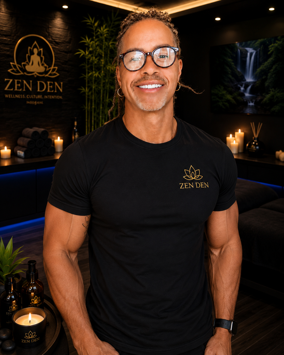 A smiling man with glasses and earrings wearing a black T-shirt with the 'ZEN DEN' logo. The background shows candles, plants, and a nature-themed poster, creating a calming, wellness-focused atmosphere.