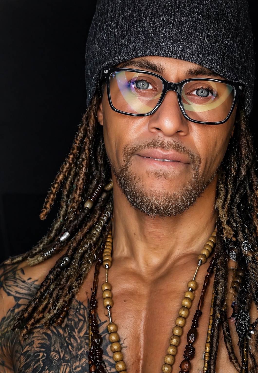 A man with dreadlocks, wearing glasses and a beanie, looking at the camera, with tattoos and layered wooden necklaces.