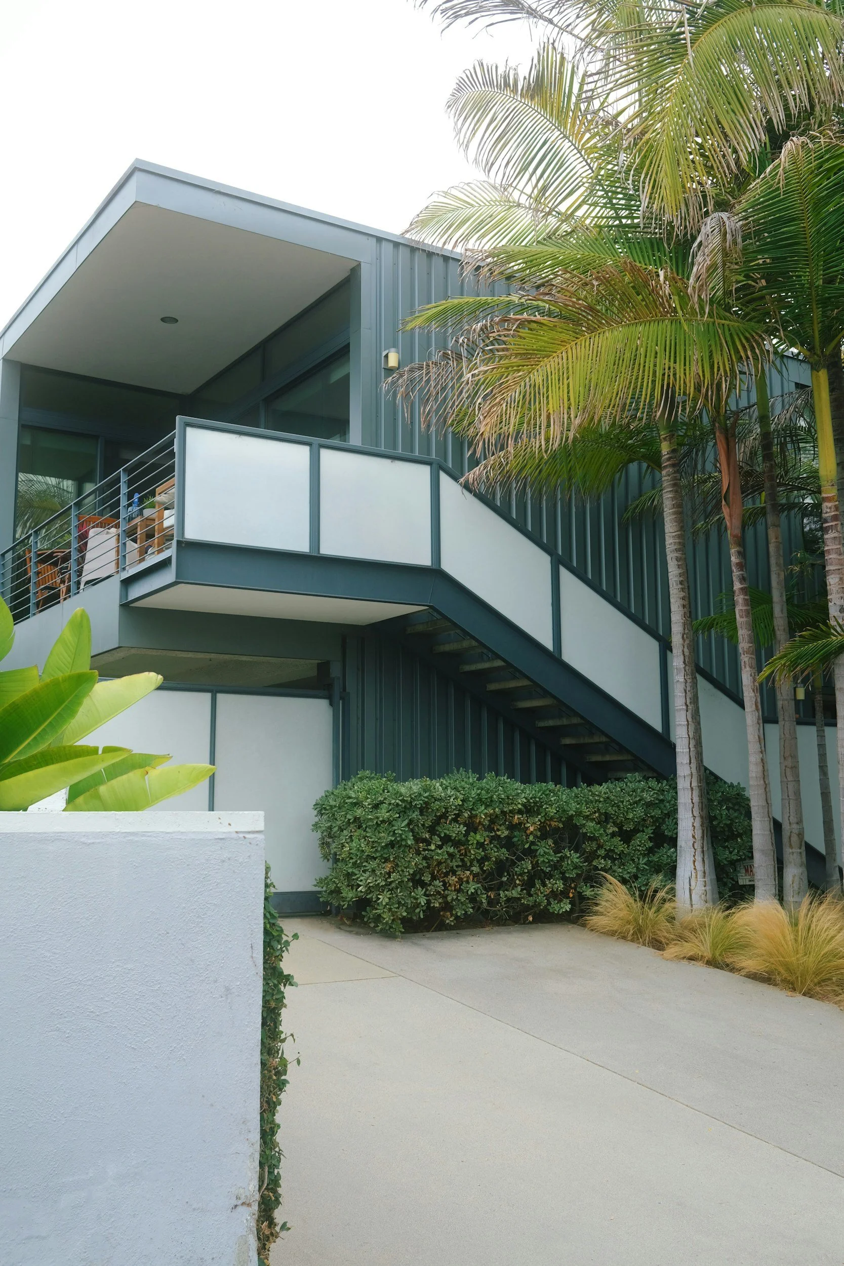 Modern two-story house with metal siding, glass balcony, and outdoor staircase, surrounded by lush green plants and tall palm trees.