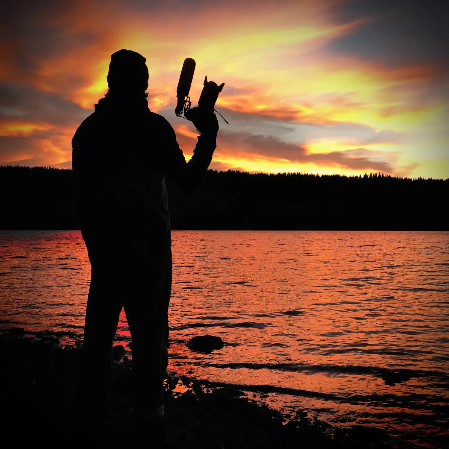 Silhouette of a person holding a video camera with a microphone before a sunset