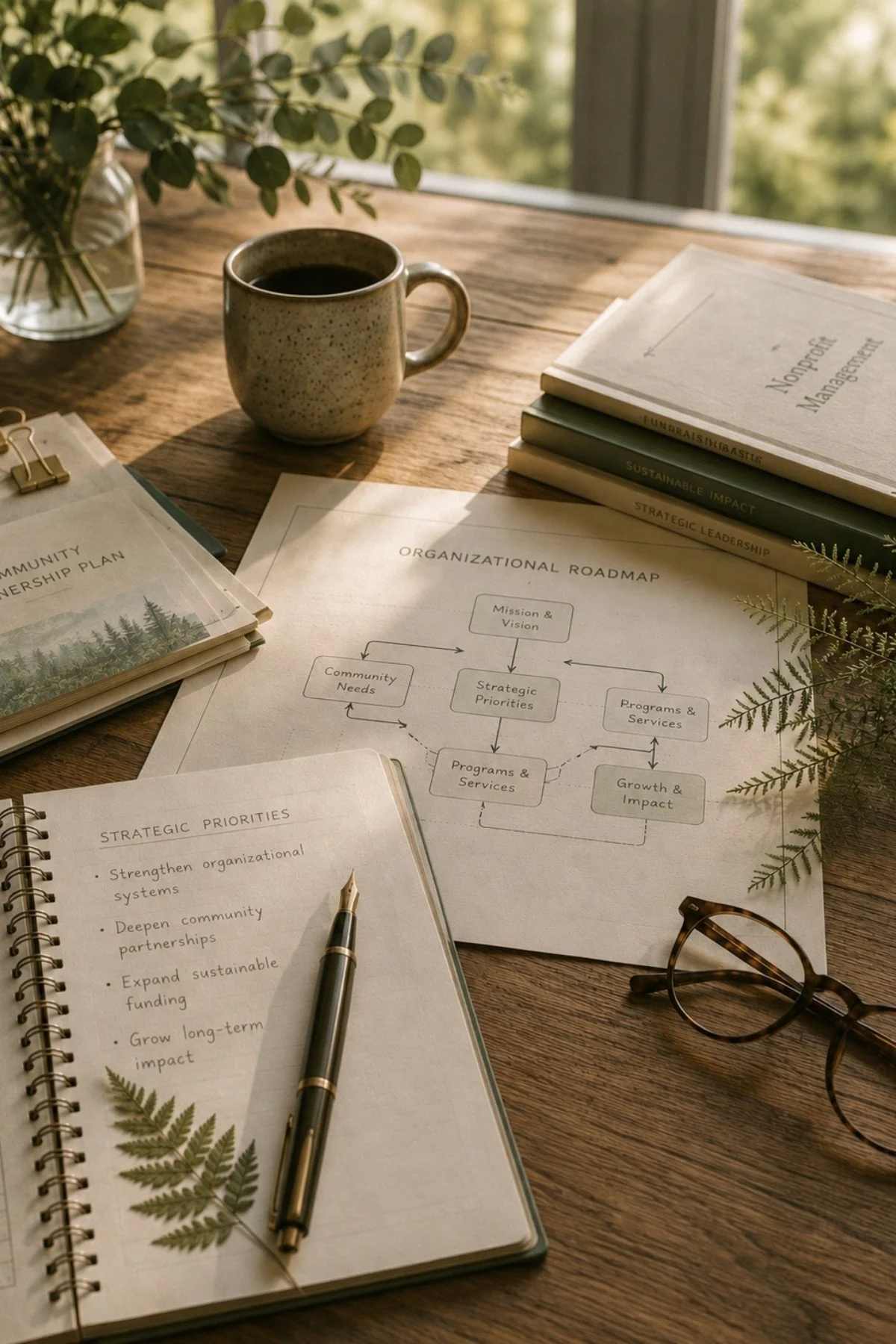 Sunlit workspace with an organizational roadmap, strategic planning notebook, books, and greenery.