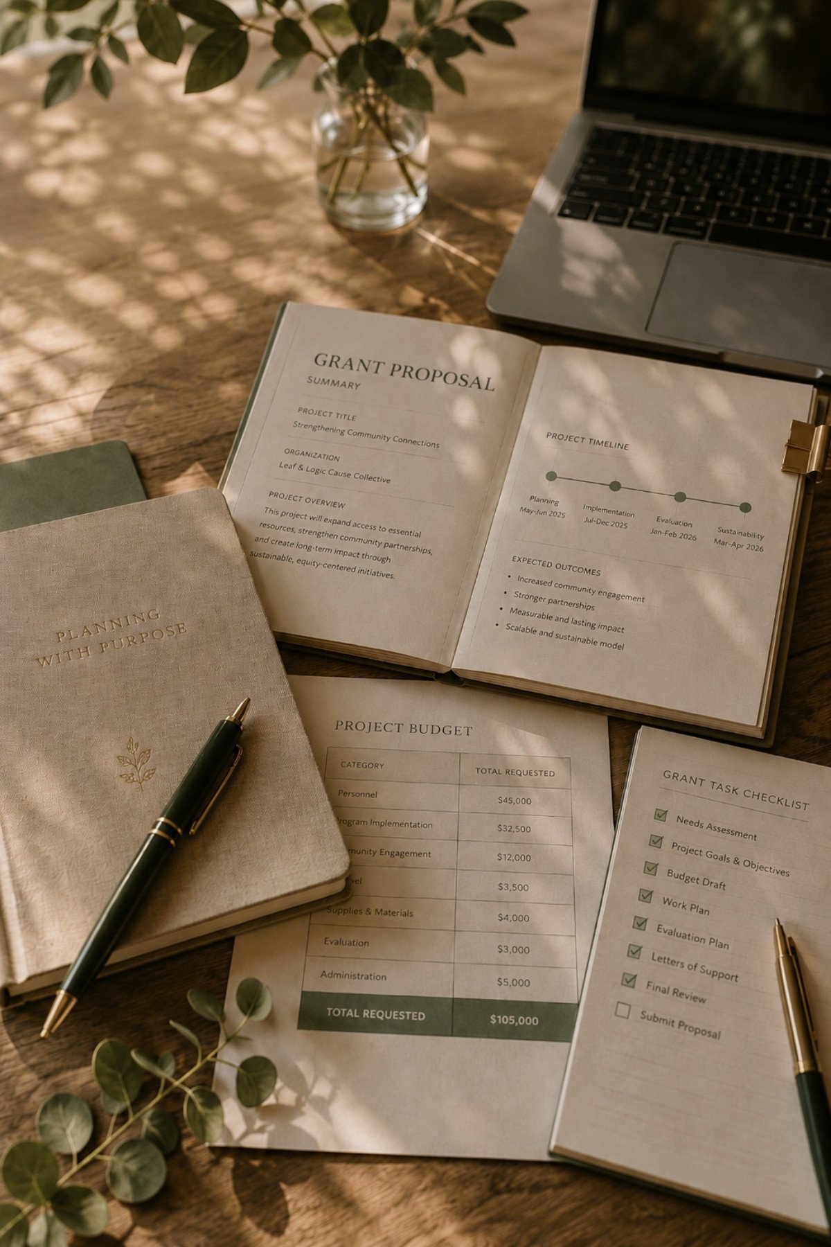 Grant proposal, project budget, timeline, and task checklist arranged on a sunlit wooden desk.