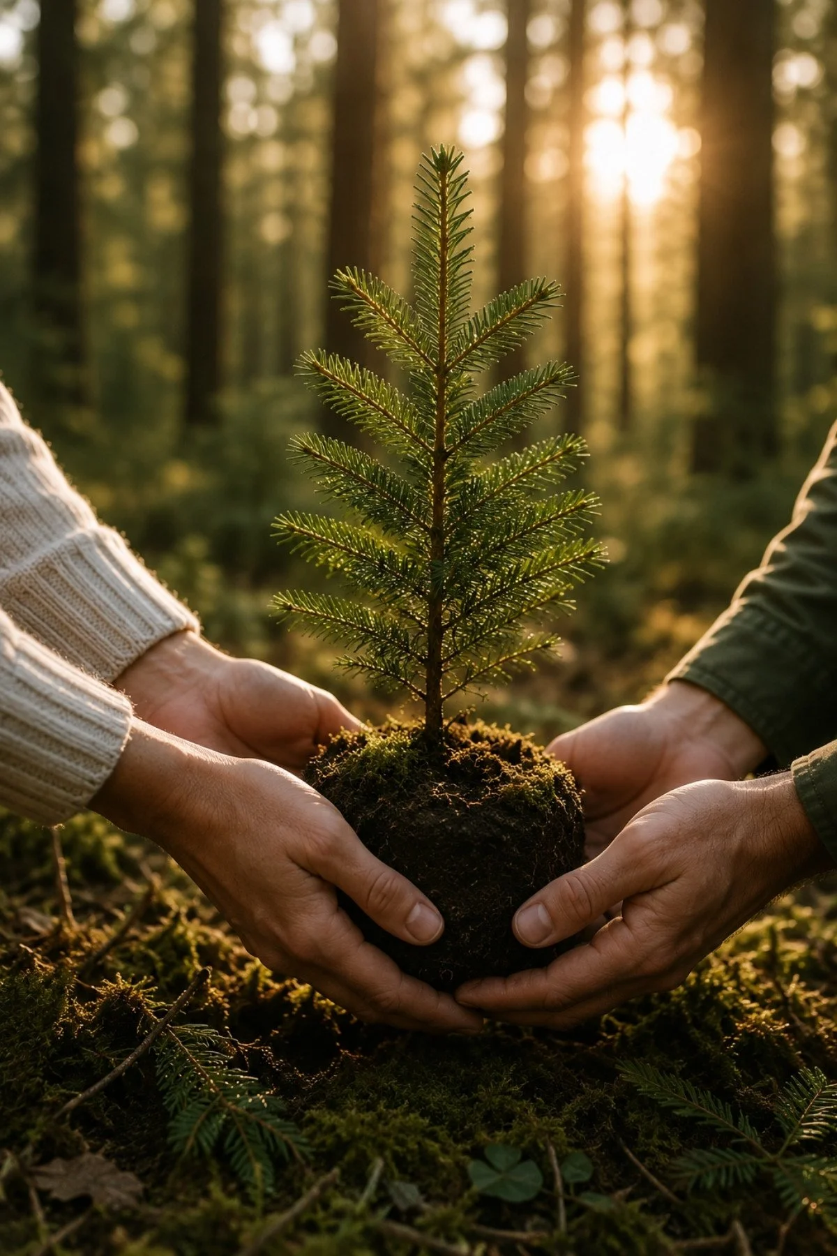 Two people holding a young evergreen tree together in a sunlit forest.