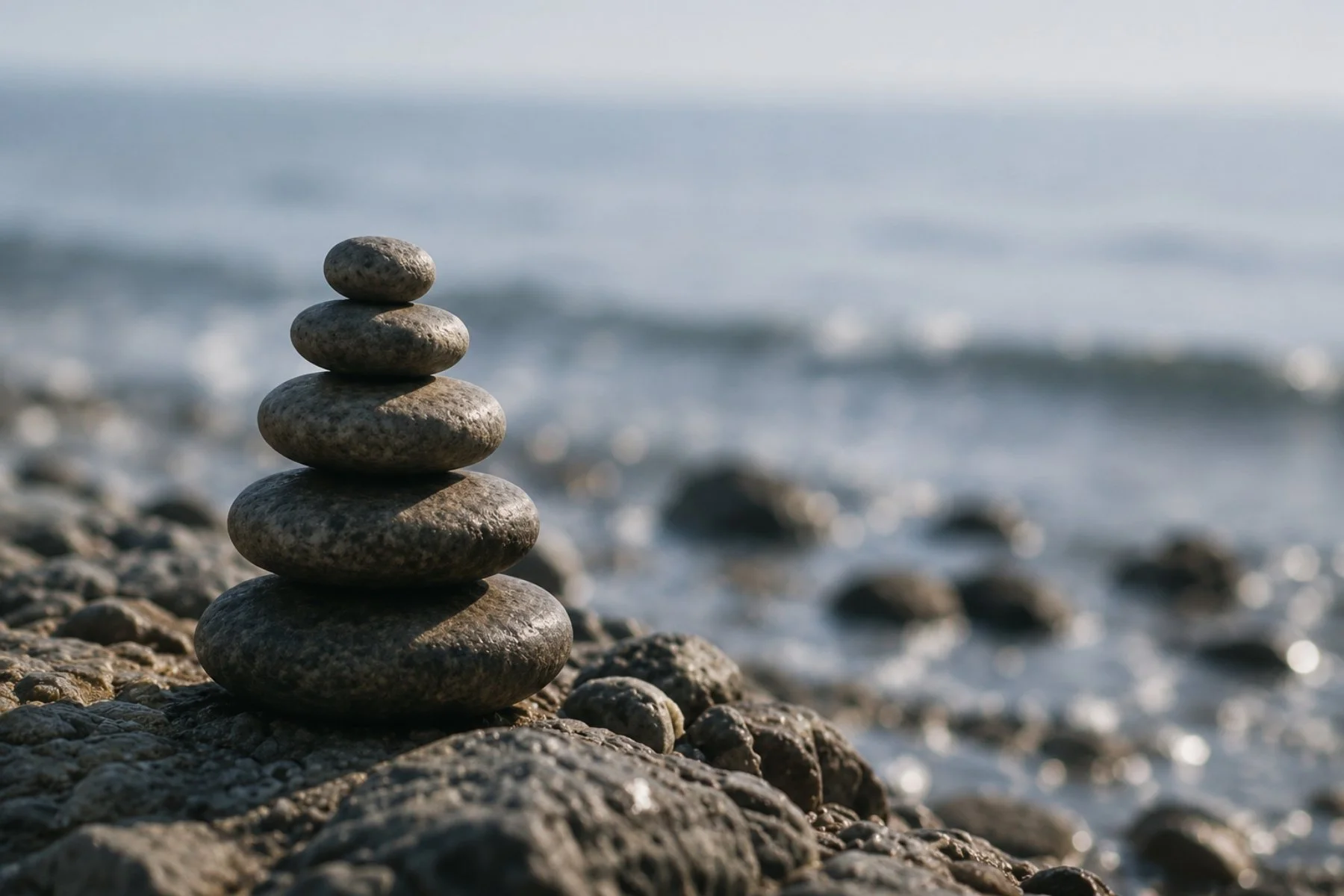 Smooth stones balanced beside the ocean, symbolizing thoughtful philanthropic planning