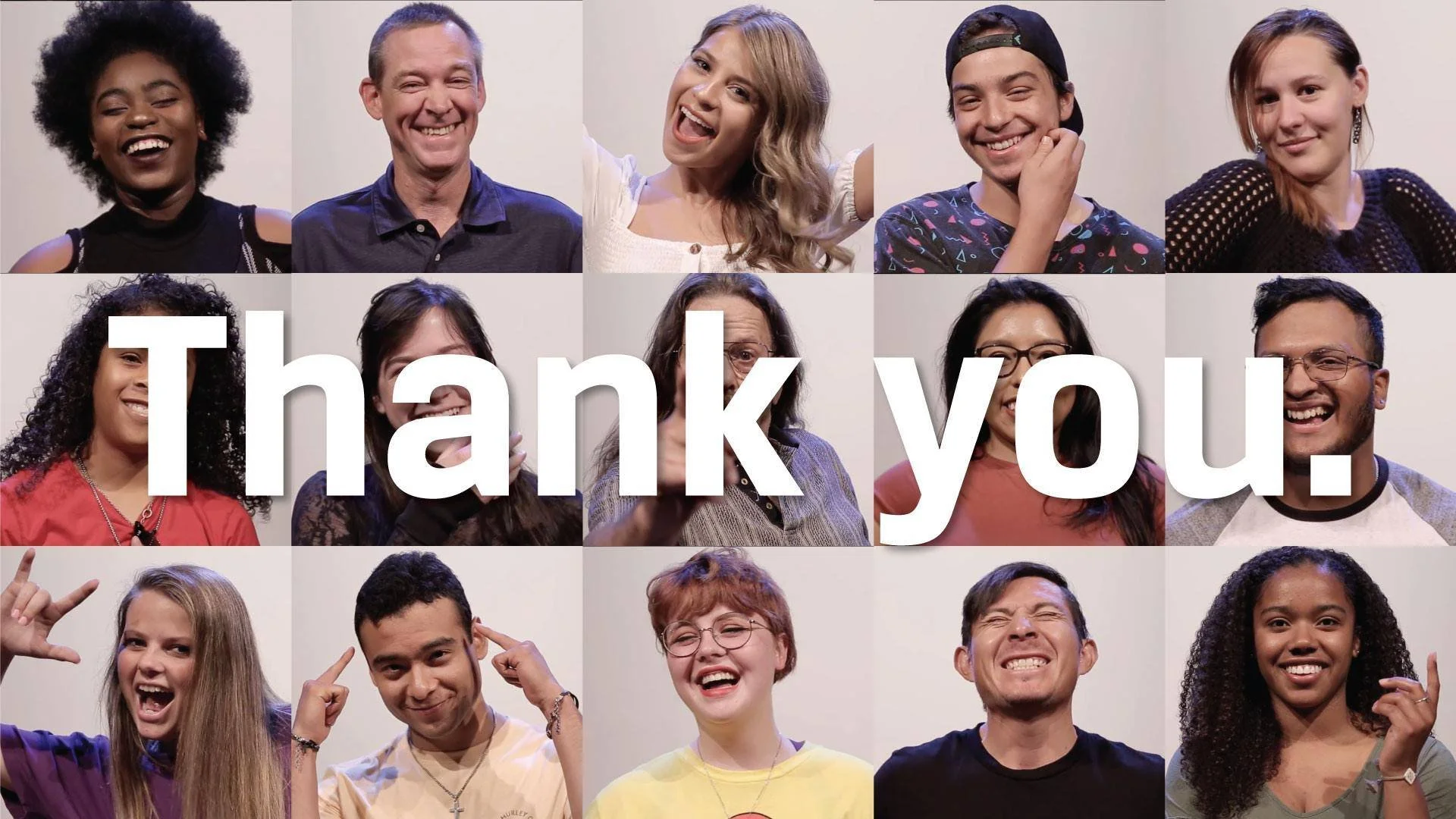 Group of smiling diverse people making gestures with their hands, with large white text overlay saying "Thank you."