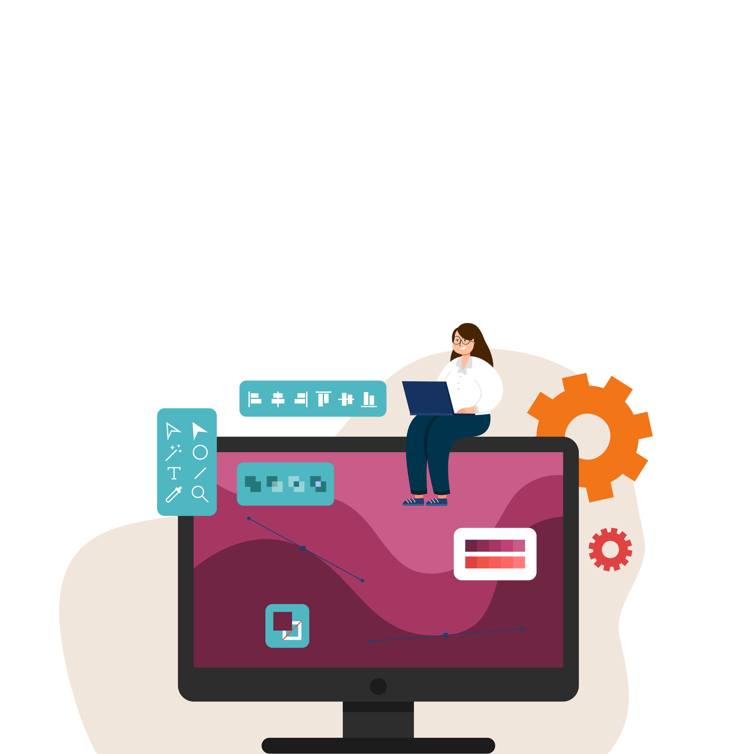 Website Development illustrated graphic showing a woman seated on a computer monitor with interface icons, charts, and orange gears on a beige background.