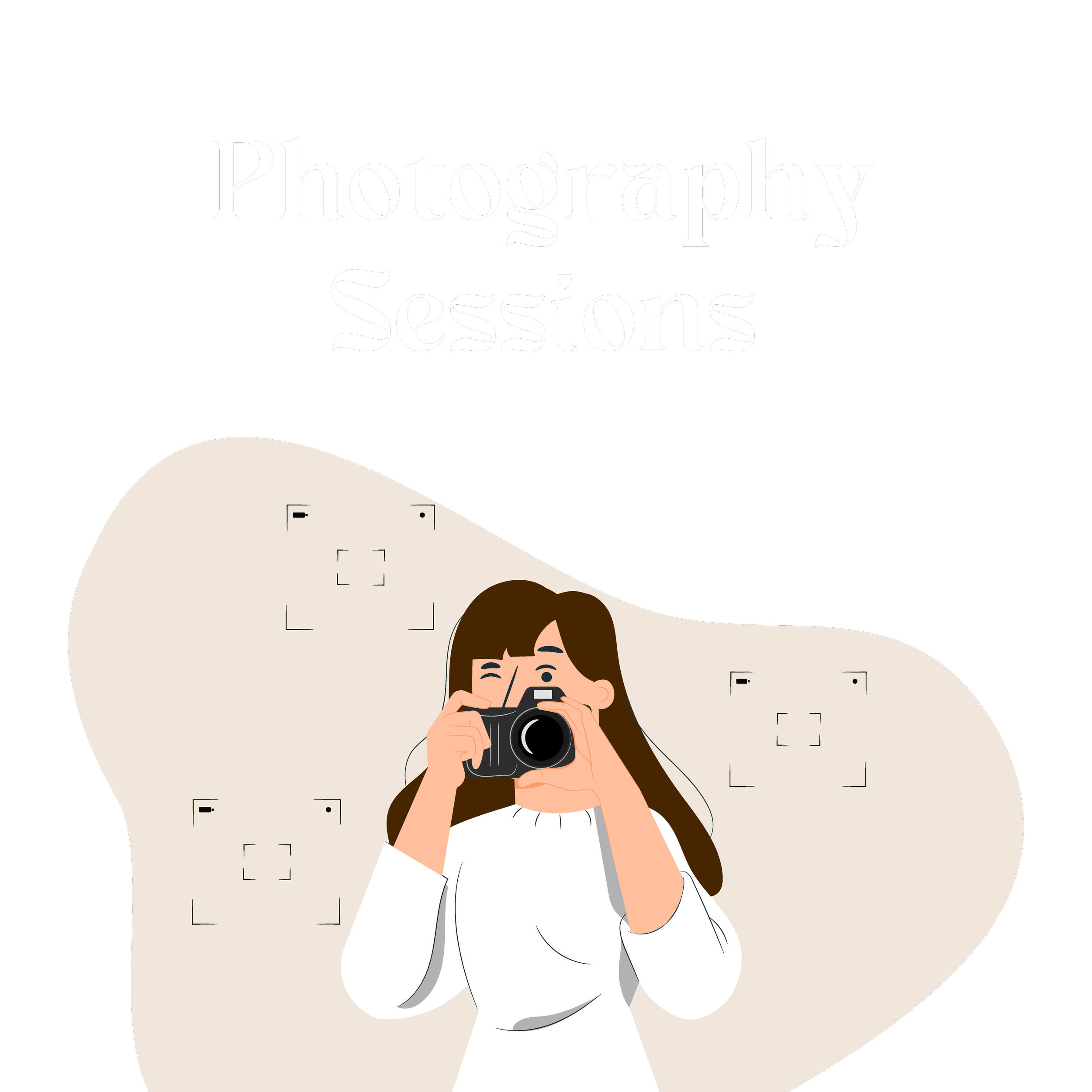 An illustration of a woman with brown hair taking photos with a camera.