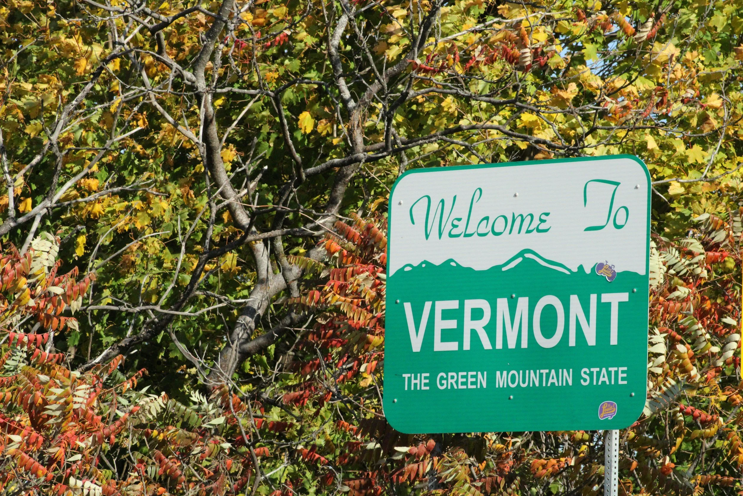 A green sign with white and green text that says "Welcome to Vermont, the Green Mountain State," partly obscured by trees with autumn-colored leaves.