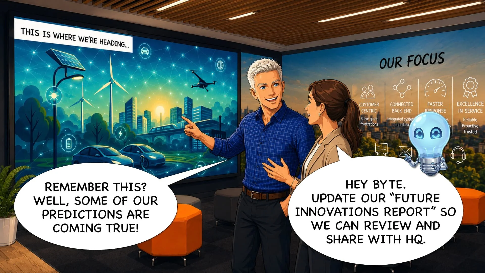 Two people, a man and a woman, are discussing a digital display of a smart city with wind turbines, solar panels, and connected cars. The man is pointing at the display, and there is a small robot or AI character speaking with speech bubbles.